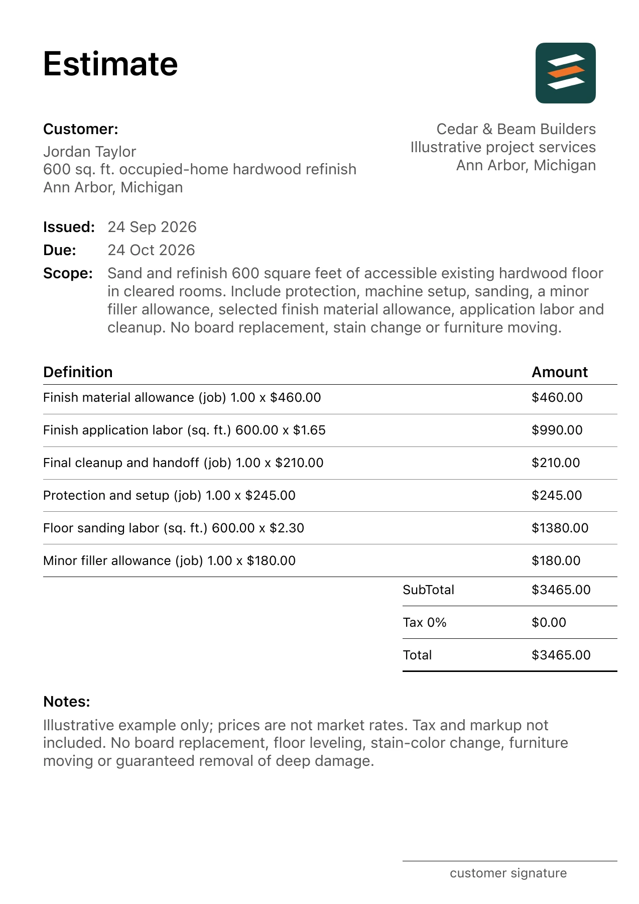 First page of the hardwood floor refinishing estimate PDF