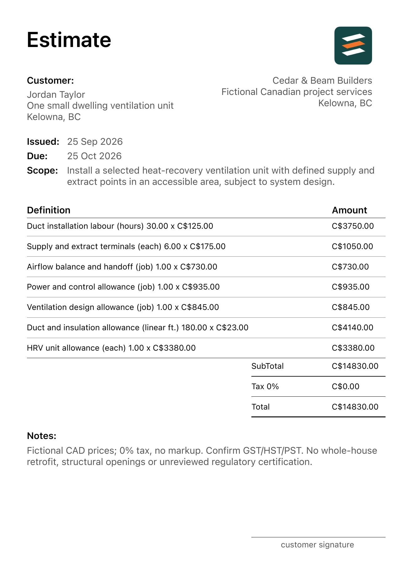 First page of the fictional Kelowna, British Columbia heat recovery ventilation installation PDF estimate