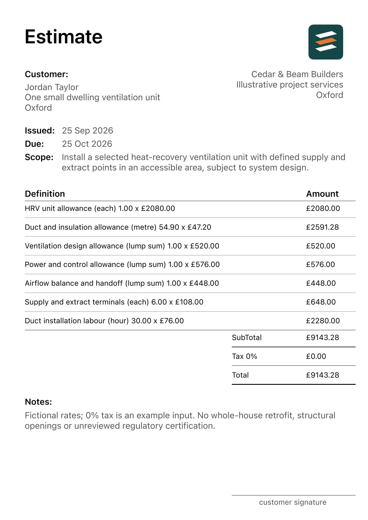 First page of the fictional heat recovery ventilation installation estimate PDF