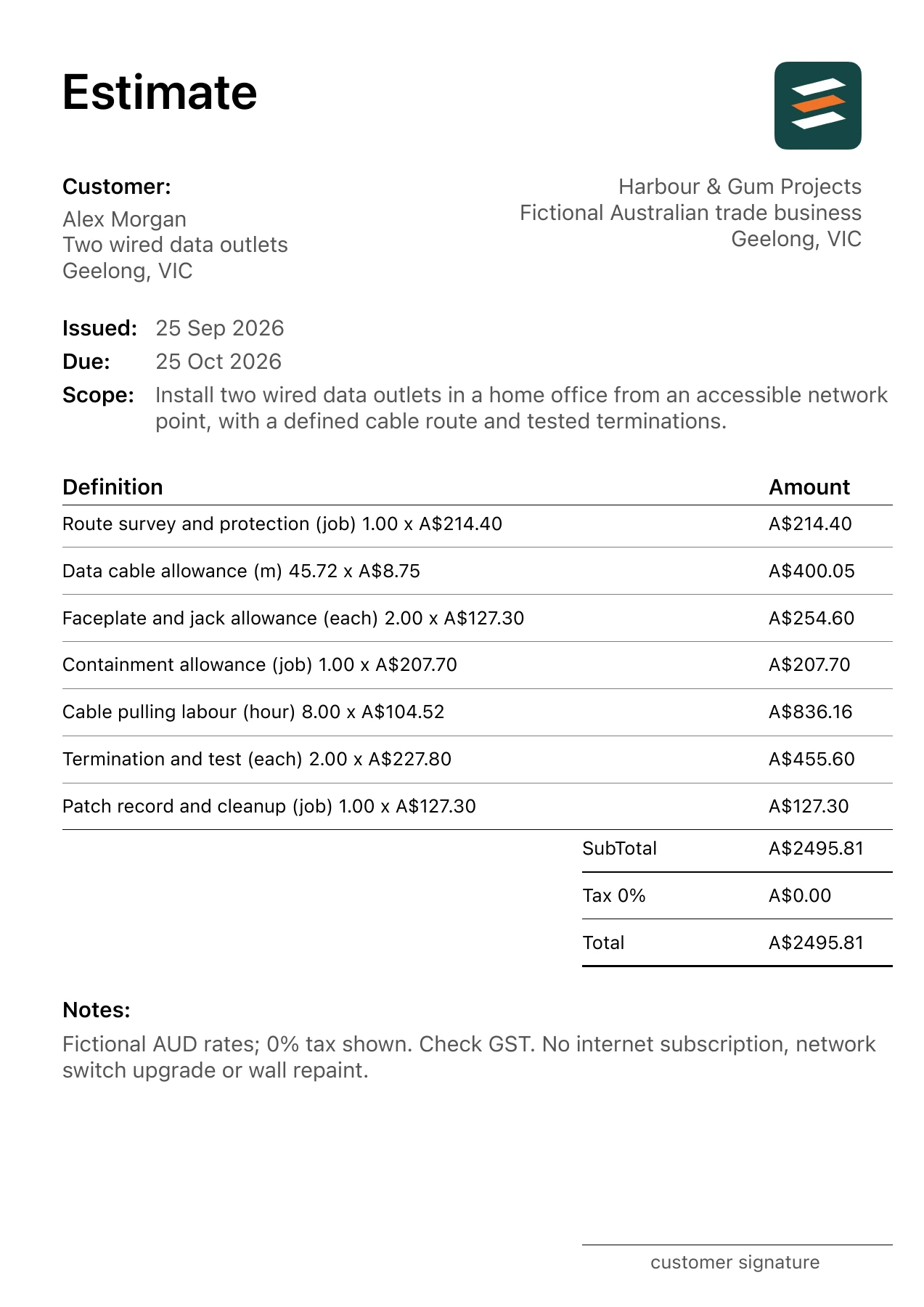 First page of the fictional Geelong, Victoria home office data cabling estimate PDF