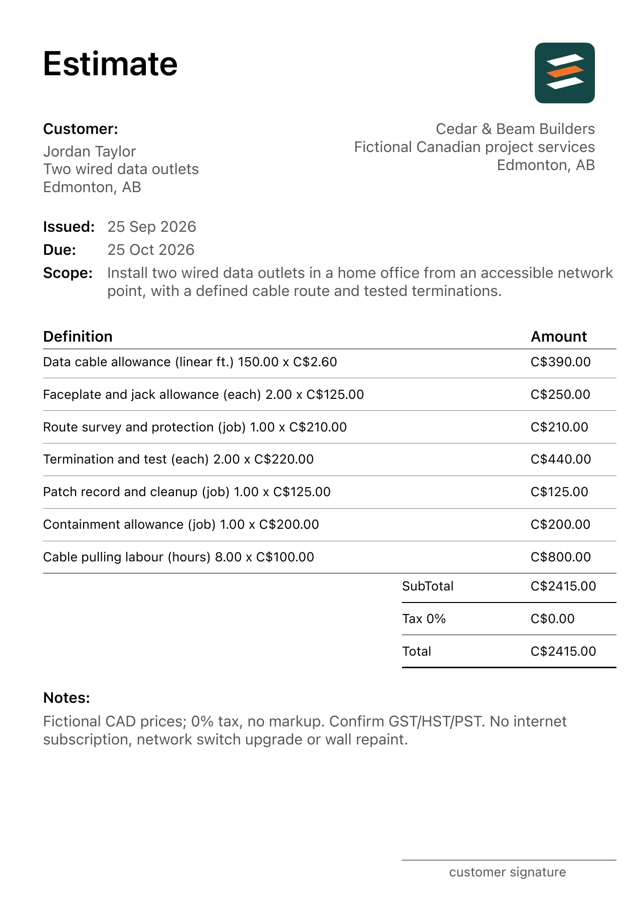 First page of the fictional Edmonton, Alberta home office data cabling PDF estimate