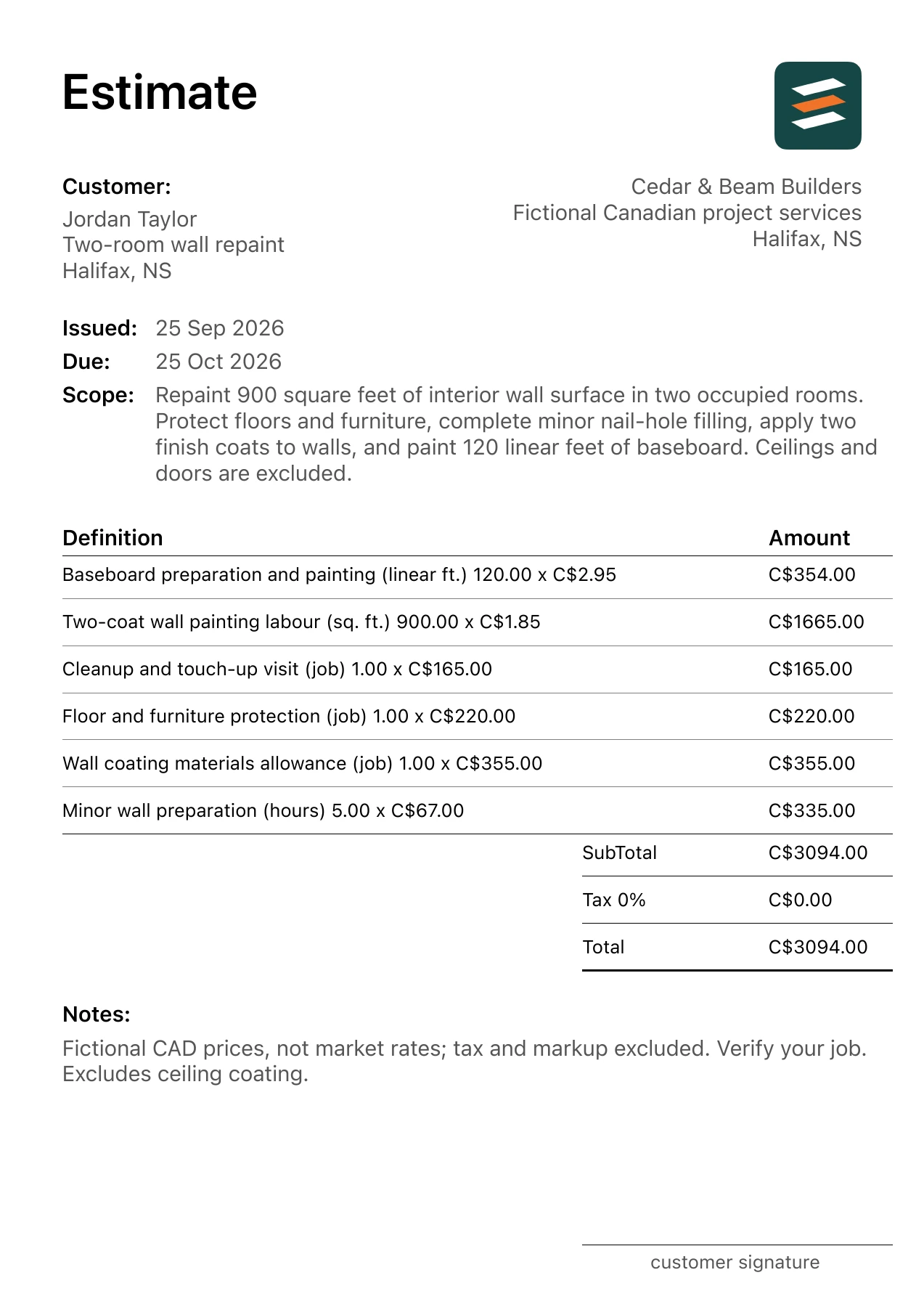 First page of the Halifax, Nova Scotia interior painting estimate in Canadian dollars