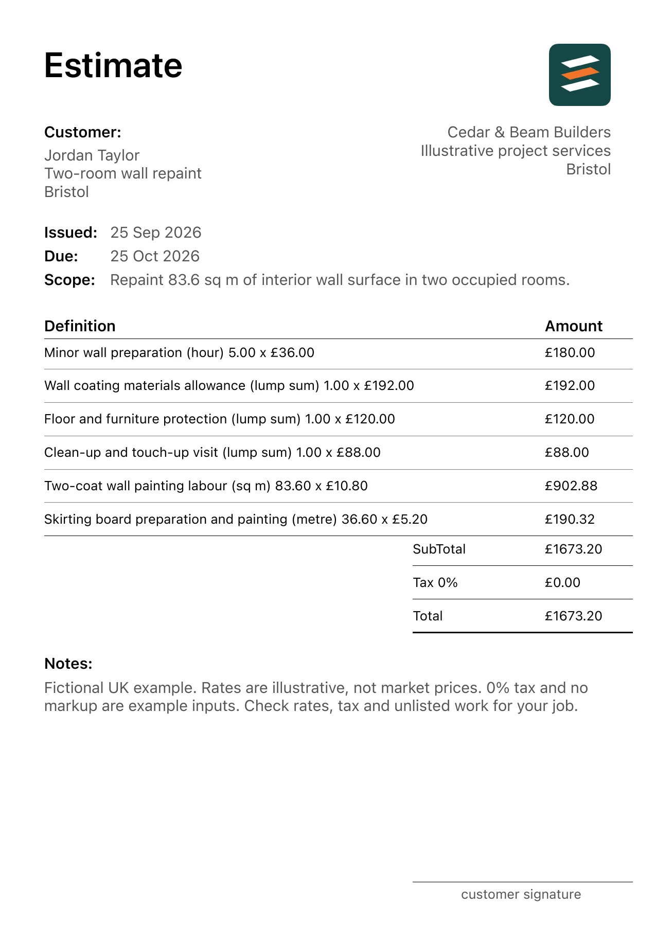 First page of the interior painting estimate PDF for a fictional Bristol job