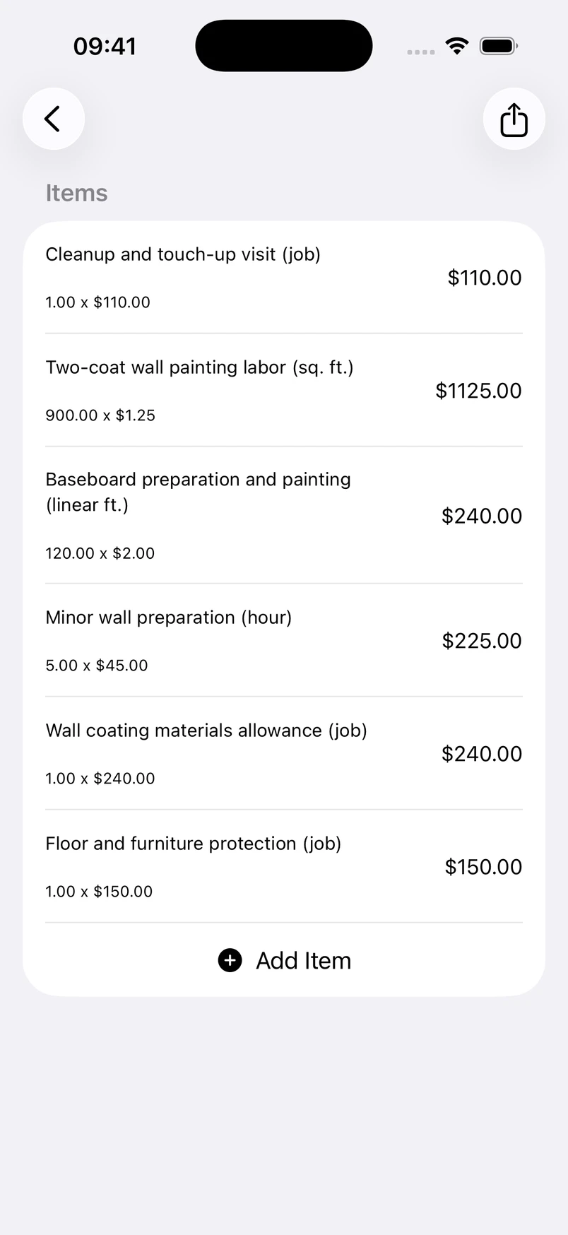 Interior painting line items in the Estimates cost editor