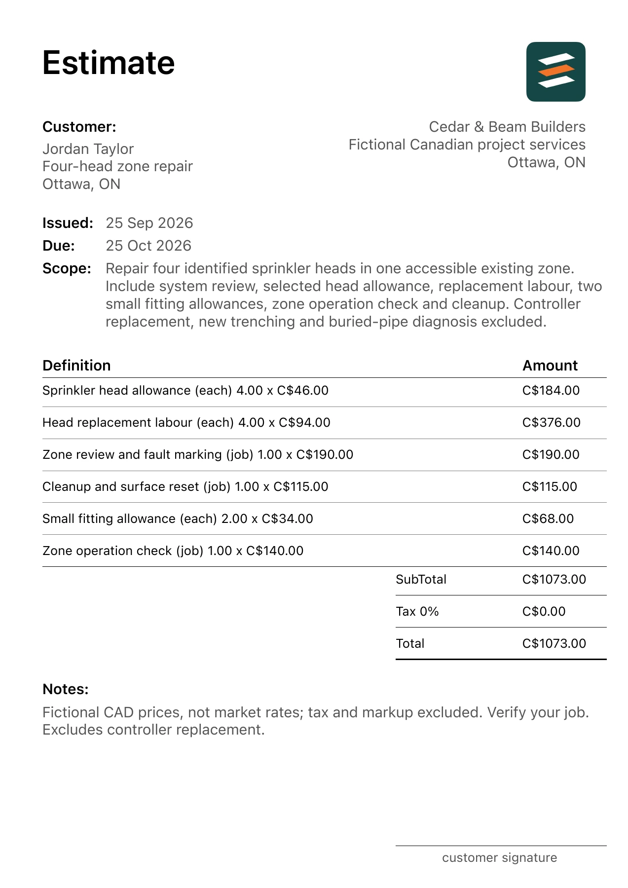 First page of the Ottawa, Ontario sprinkler system repair estimate in Canadian dollars
