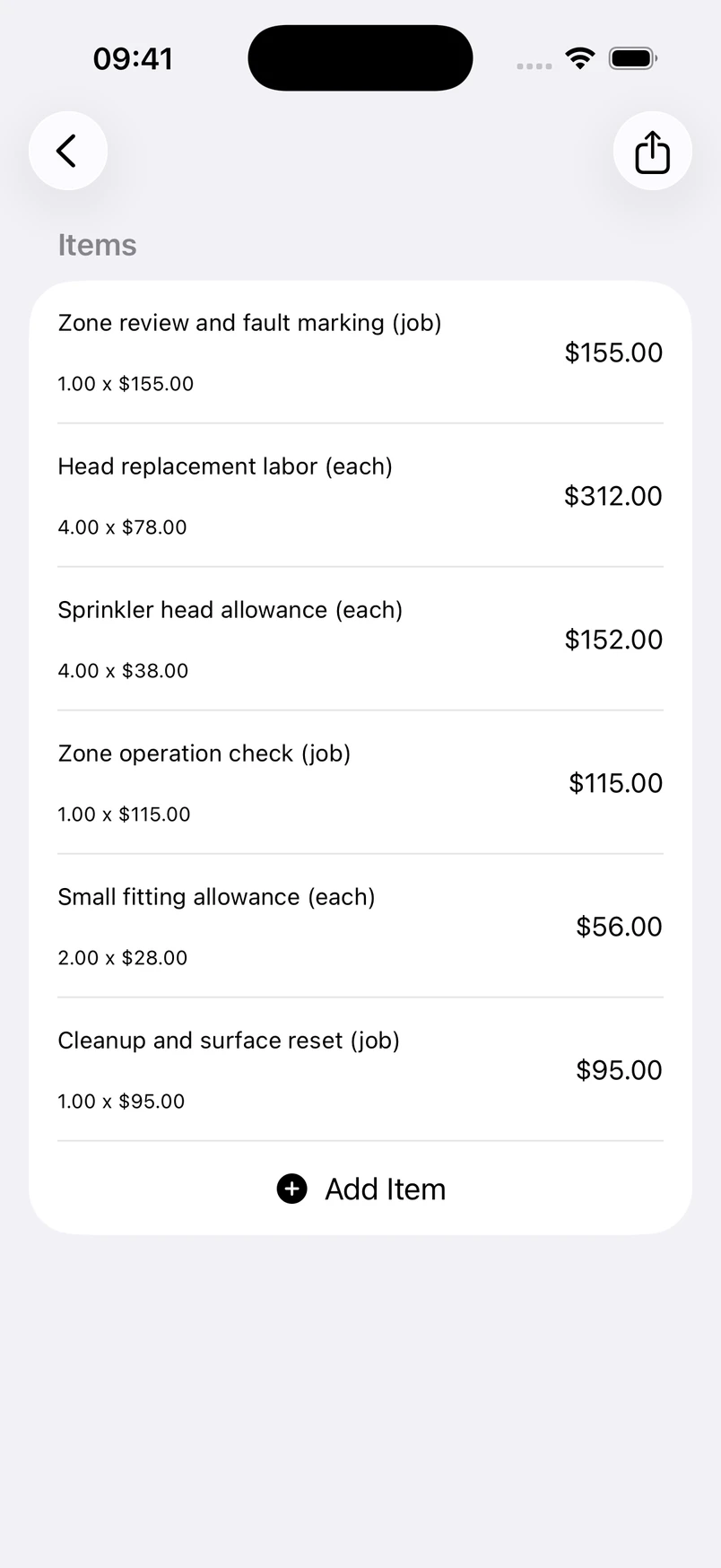 Sprinkler system repair line items in the Estimates cost editor