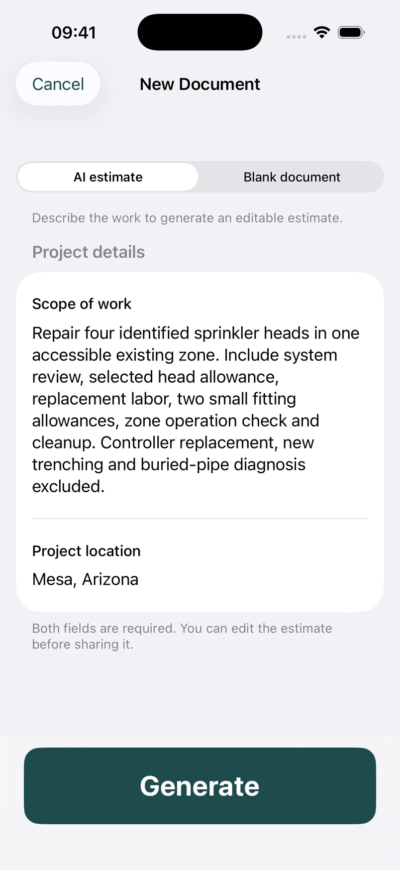 Sprinkler system repair scope in the New Document screen