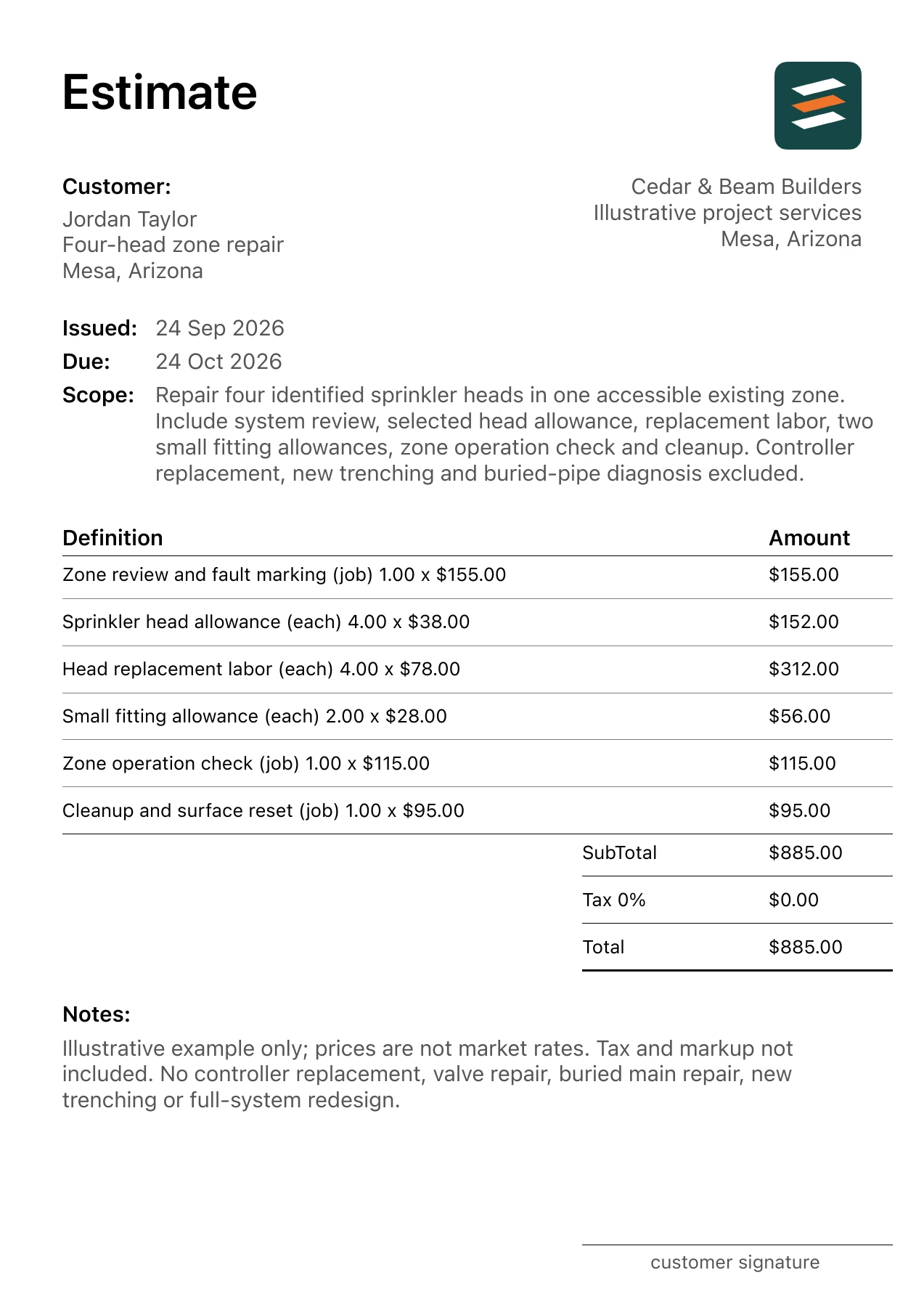 First page of the sprinkler system repair estimate PDF