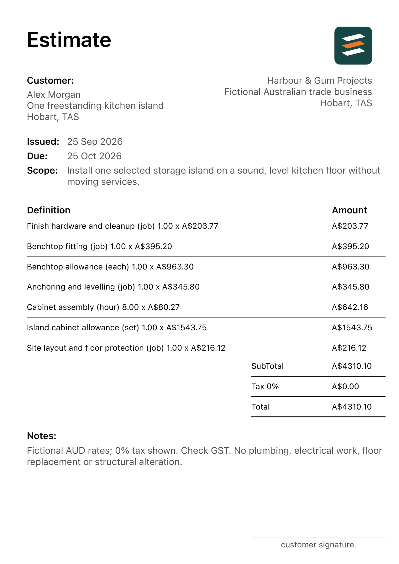 First page of the fictional Hobart, Tasmania kitchen island installation estimate PDF