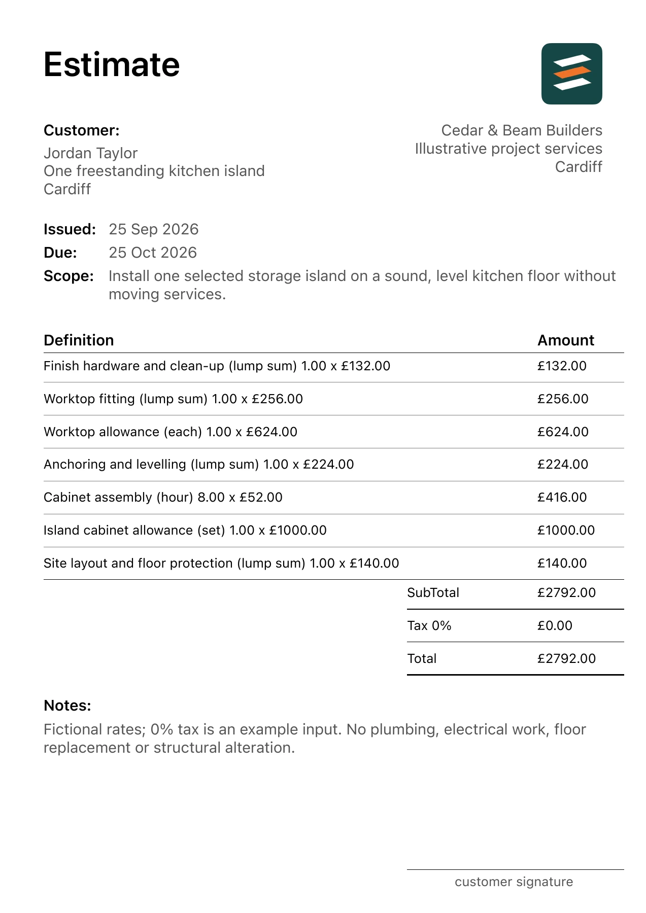 First page of the fictional kitchen island fitting estimate PDF