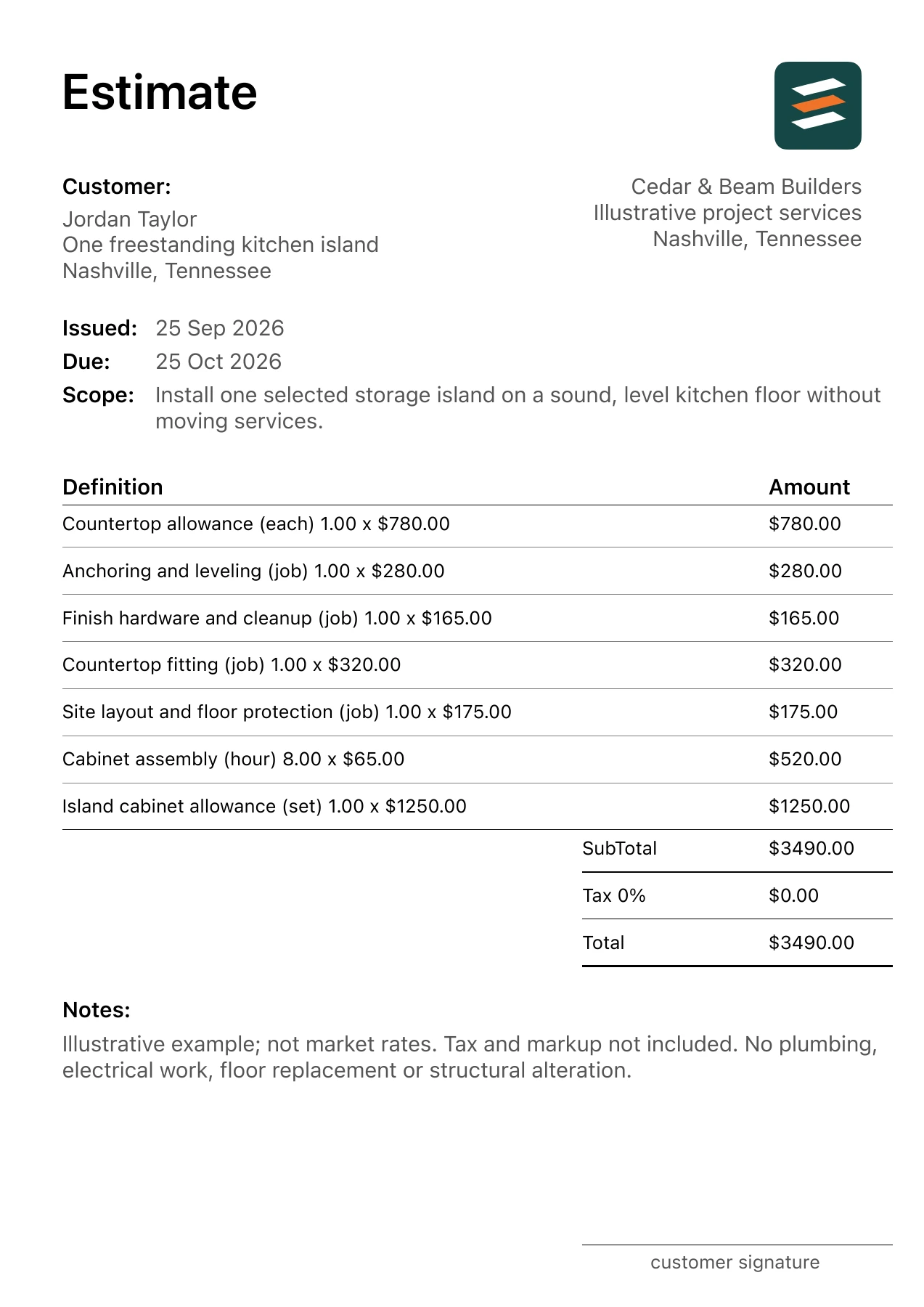 First page of the fictional kitchen island installation estimate PDF