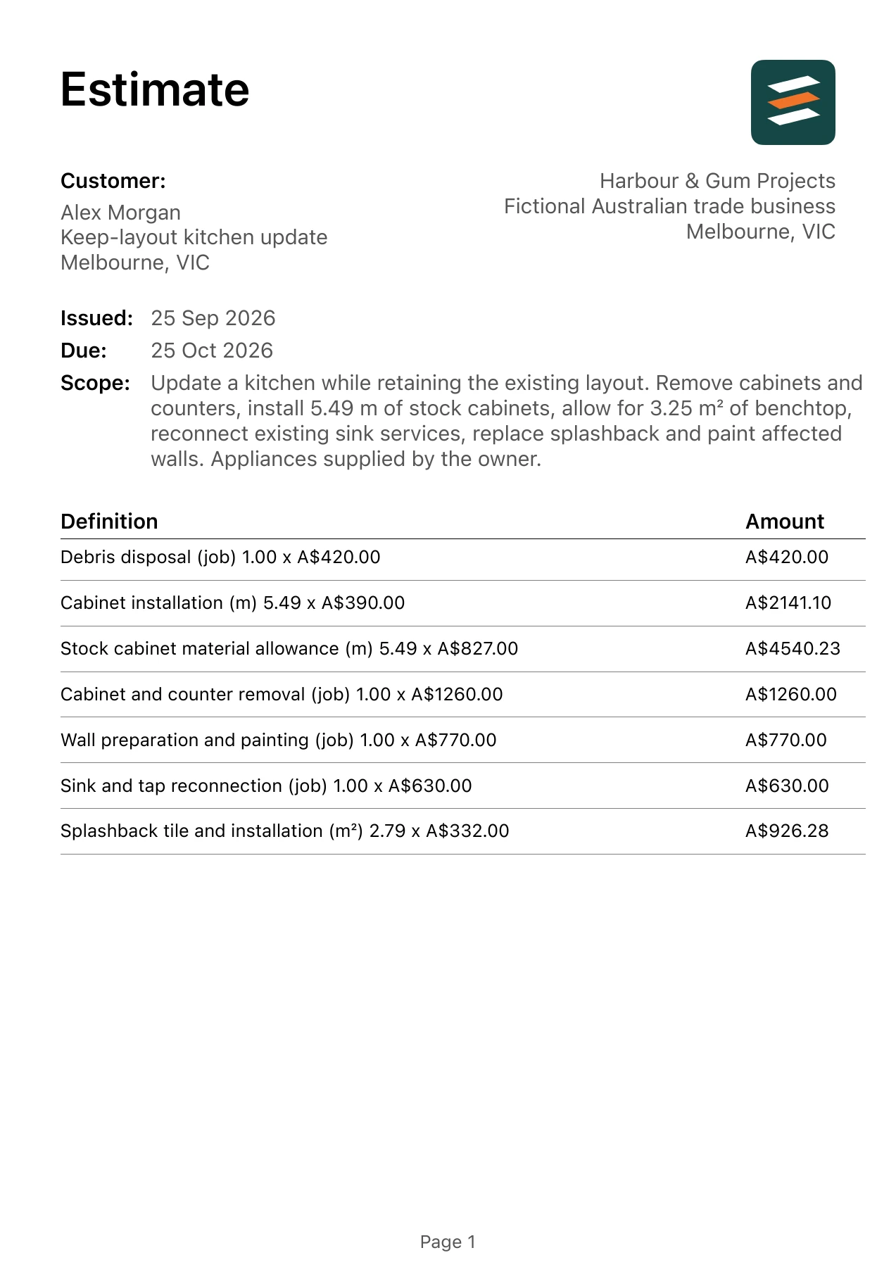 First page of the kitchen renovation estimate PDF