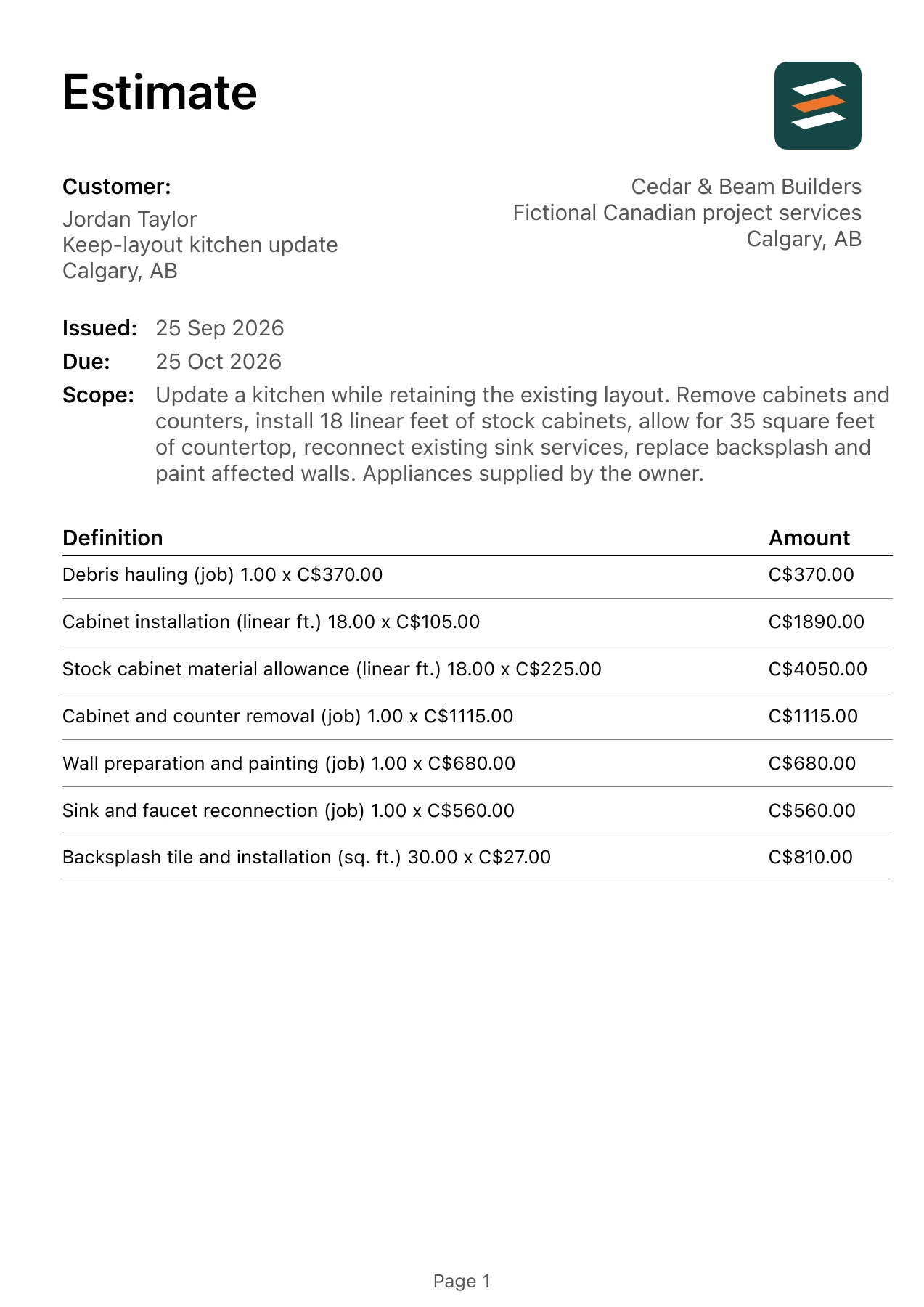 First page of the Calgary, Alberta kitchen renovation estimate in Canadian dollars