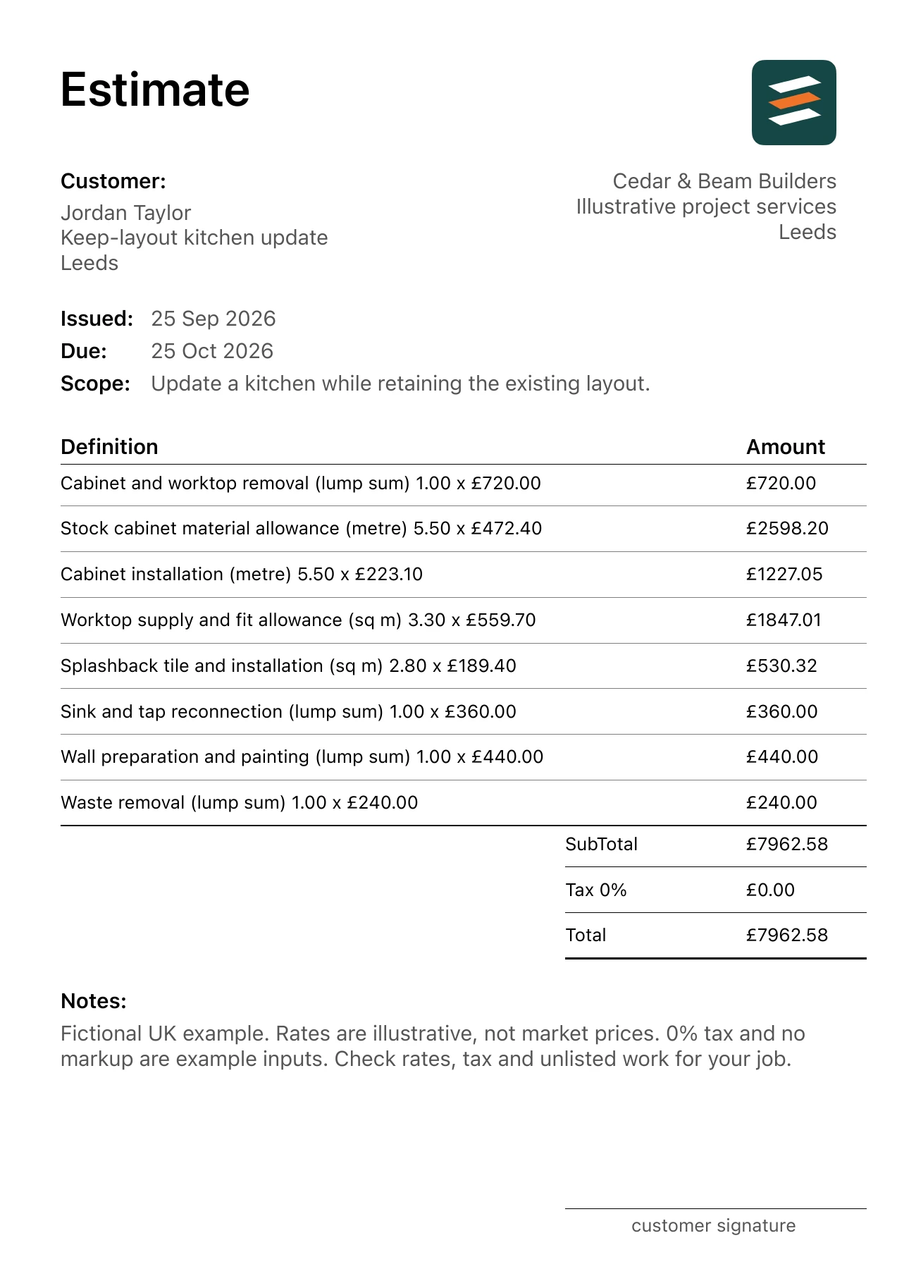 First page of the kitchen refurbishment estimate PDF for a fictional Leeds job