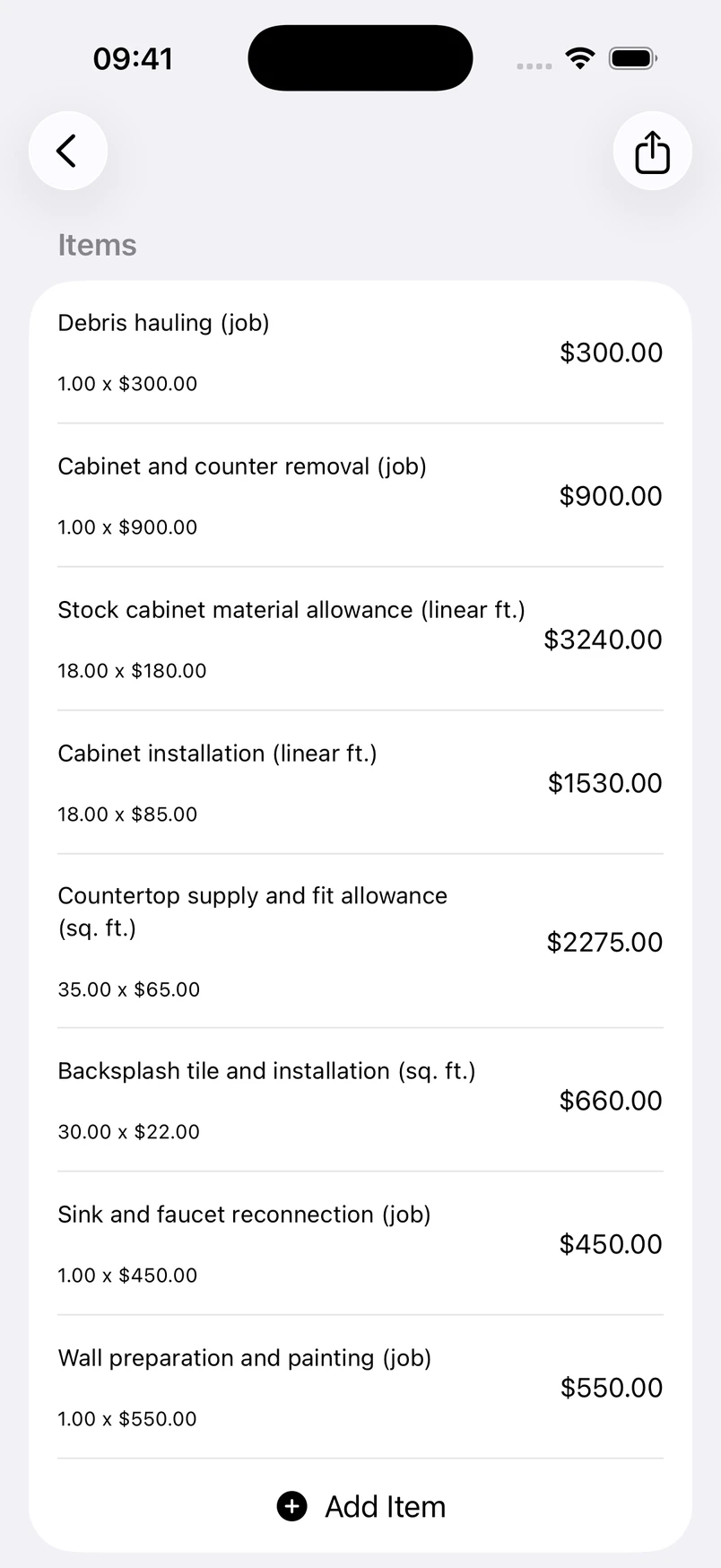 Kitchen remodel line items in the Estimates cost editor