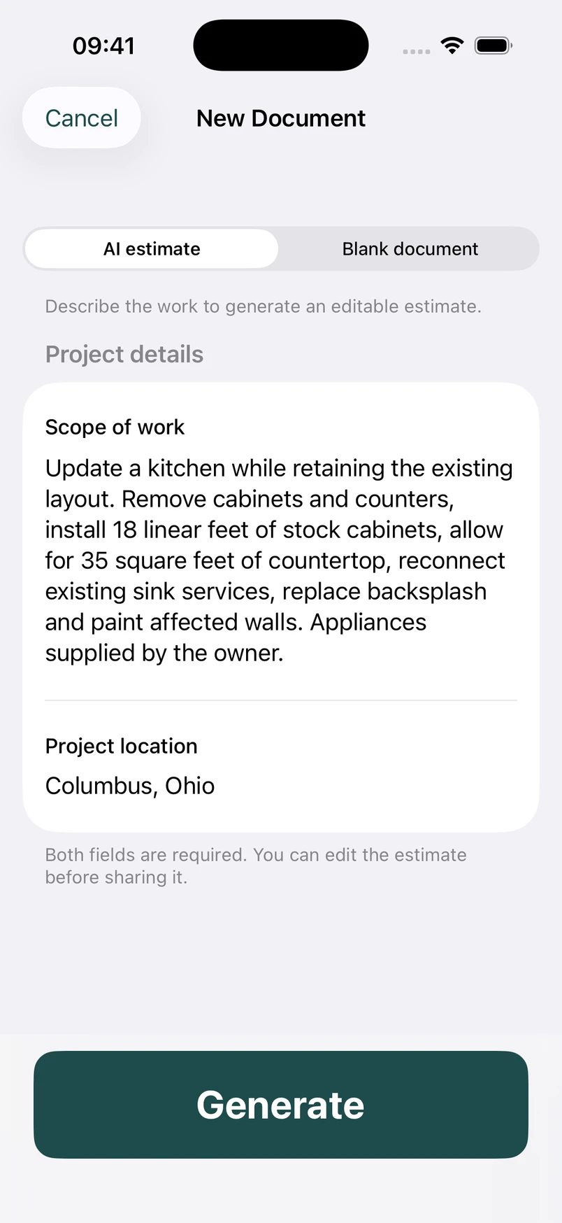 Kitchen remodel scope in the New Document screen