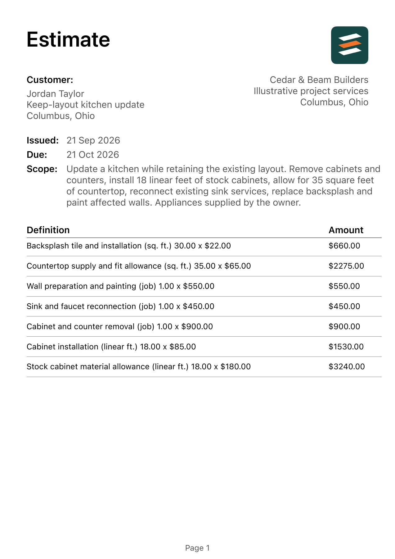 First page of the kitchen remodel estimate PDF