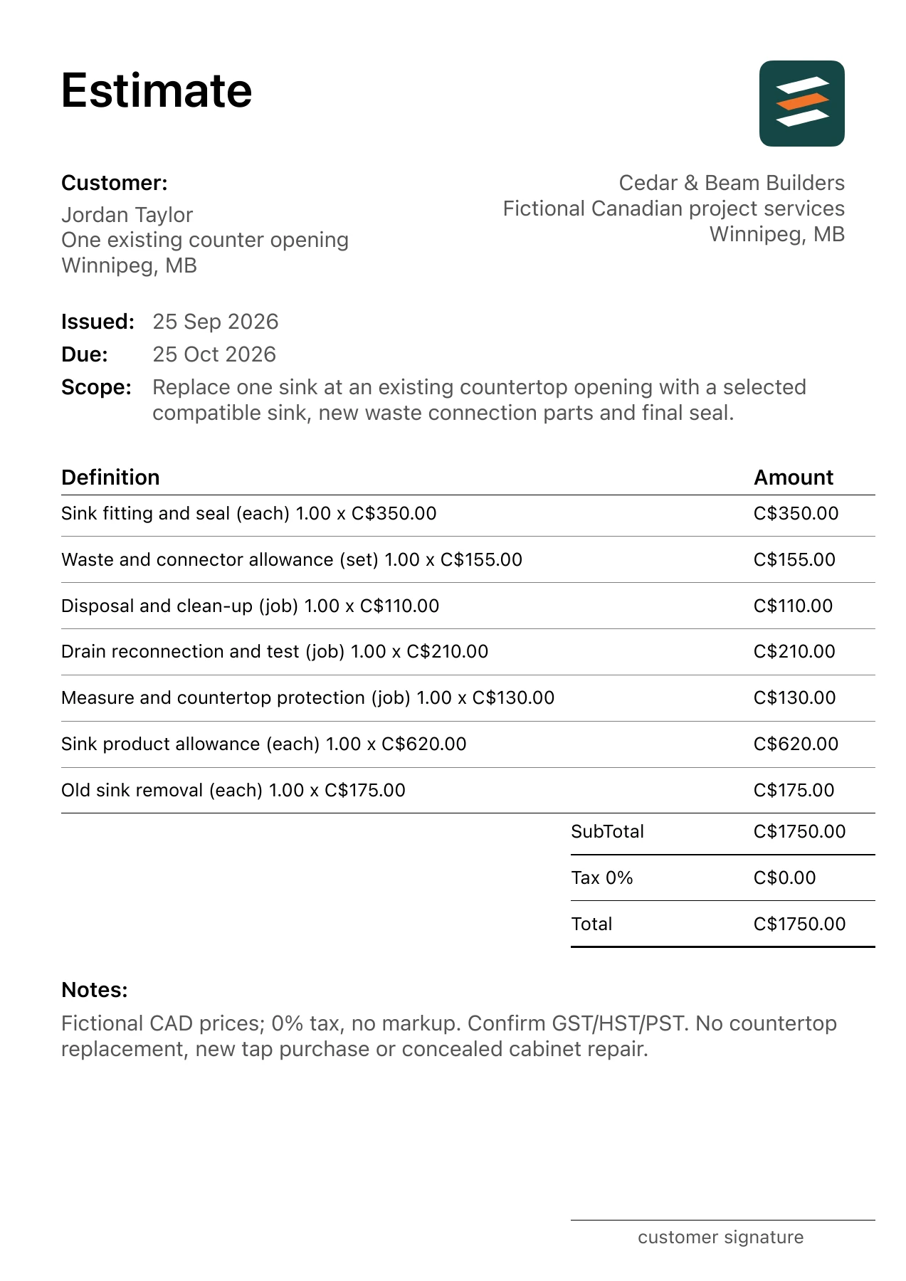 First page of the fictional Winnipeg, Manitoba kitchen sink replacement PDF estimate