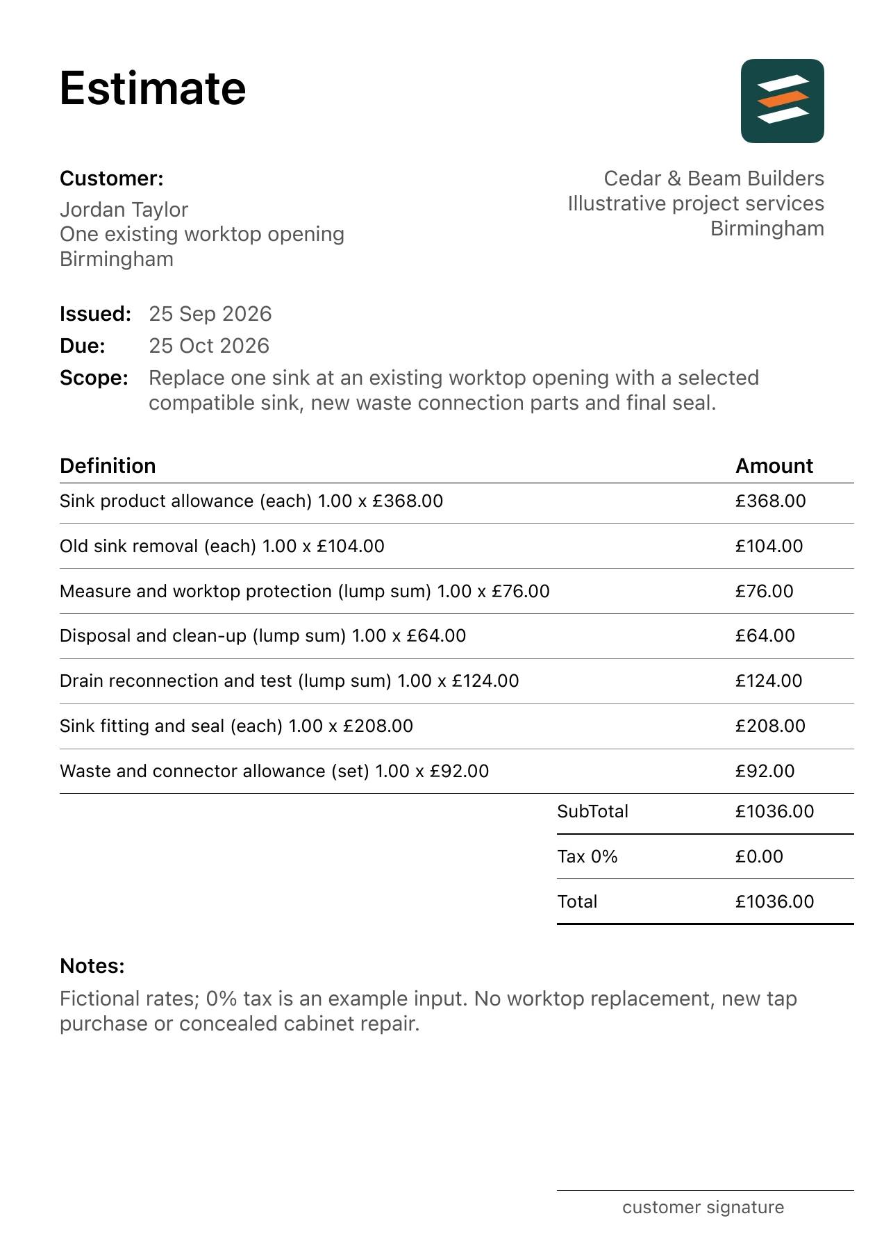 First page of the fictional kitchen sink replacement estimate PDF