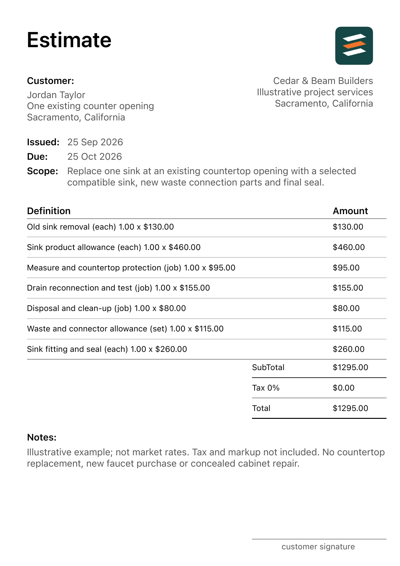 First page of the fictional kitchen sink replacement estimate PDF