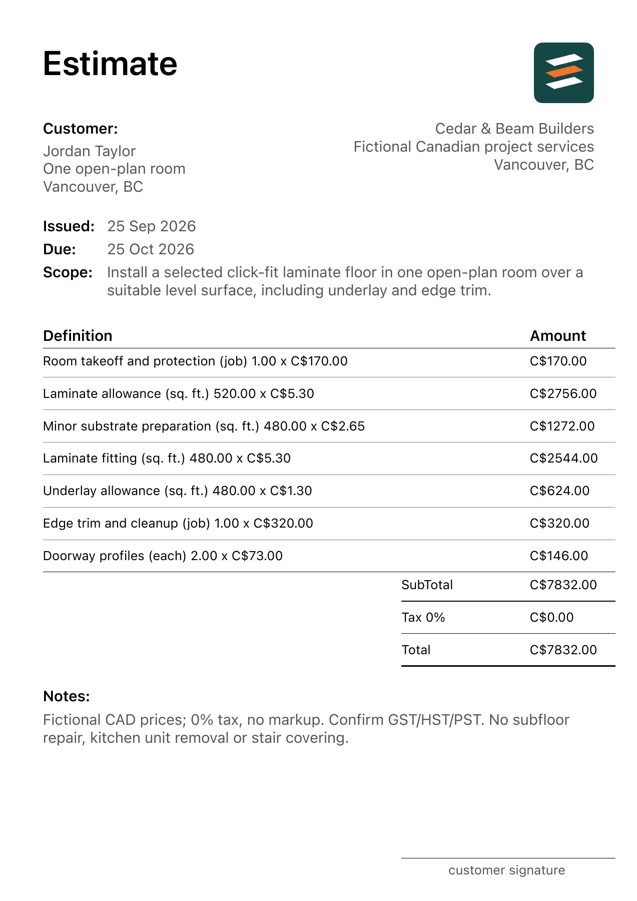 First page of the fictional Vancouver, British Columbia laminate floor installation PDF estimate