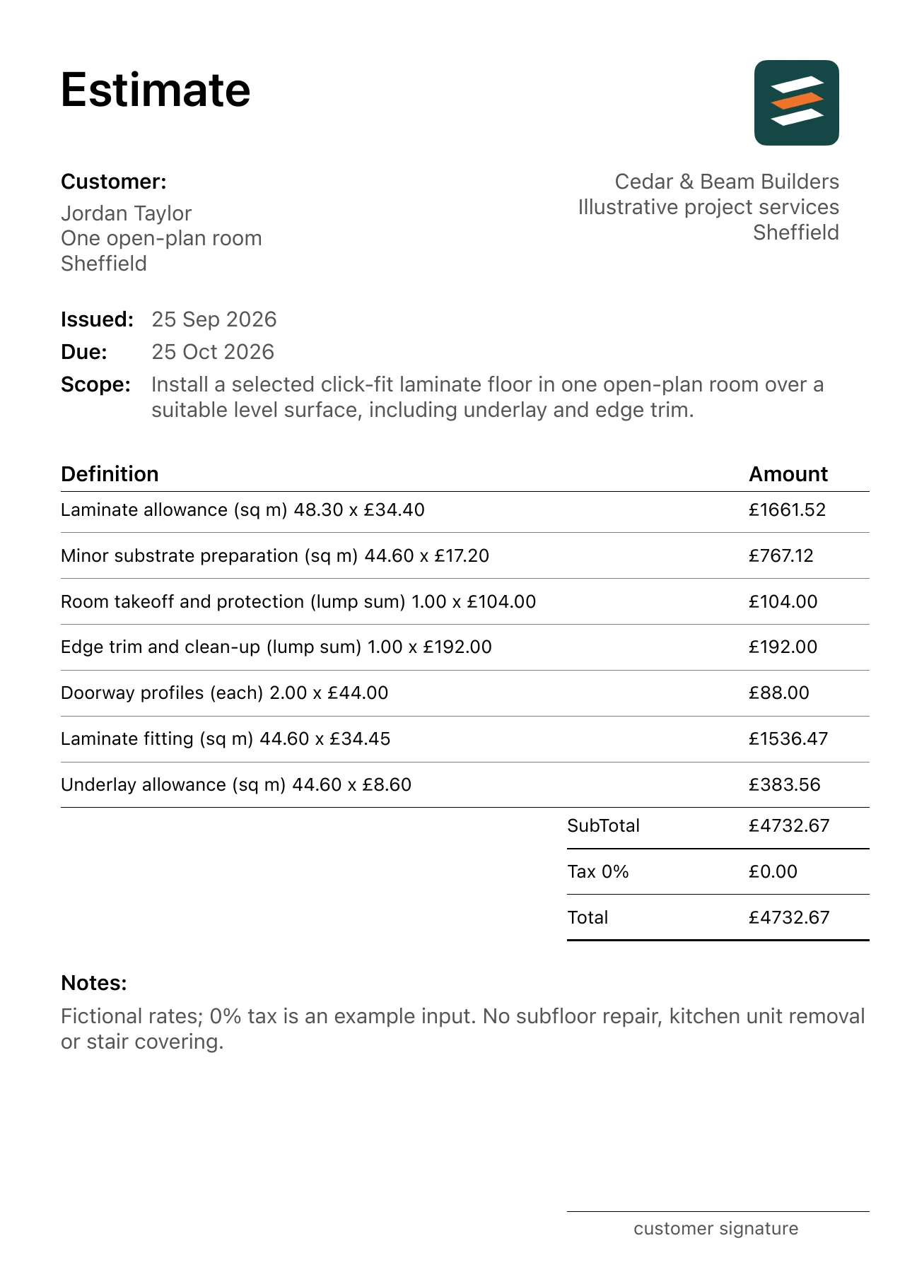 First page of the fictional laminate floor installation estimate PDF