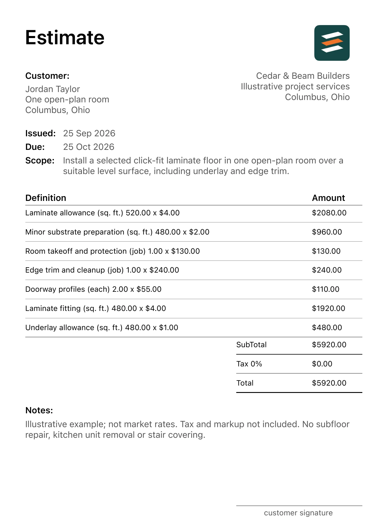 First page of the fictional laminate floor installation estimate PDF