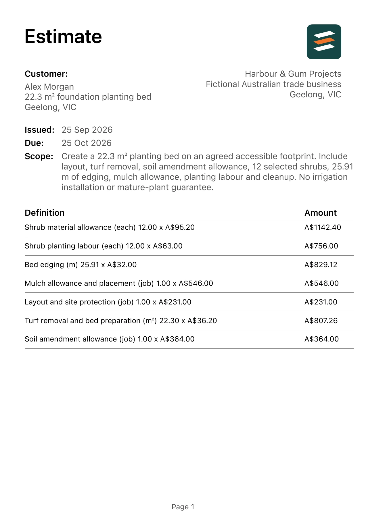 First page of the garden bed installation estimate PDF