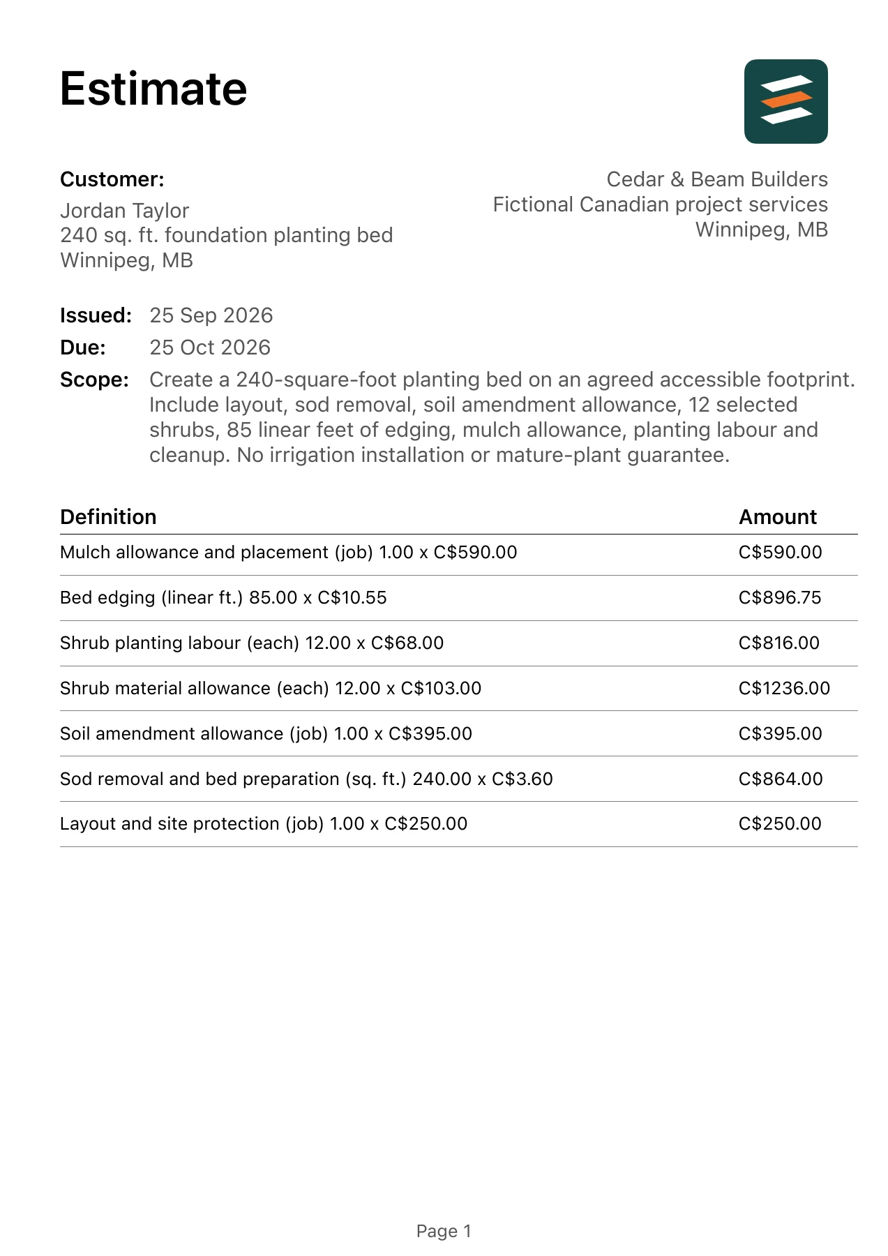 First page of the Winnipeg, Manitoba landscape bed installation estimate in Canadian dollars