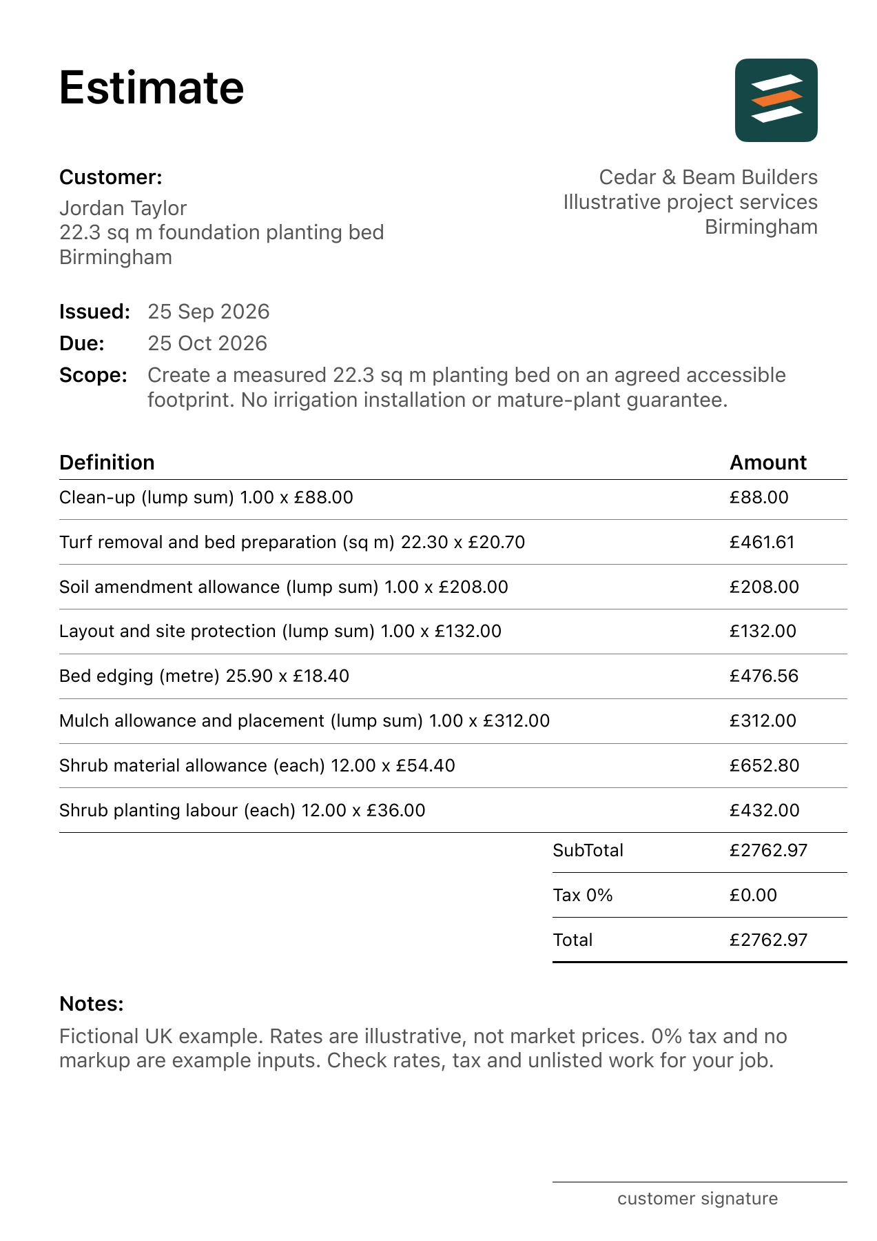 First page of the landscape bed installation estimate PDF for a fictional Birmingham job