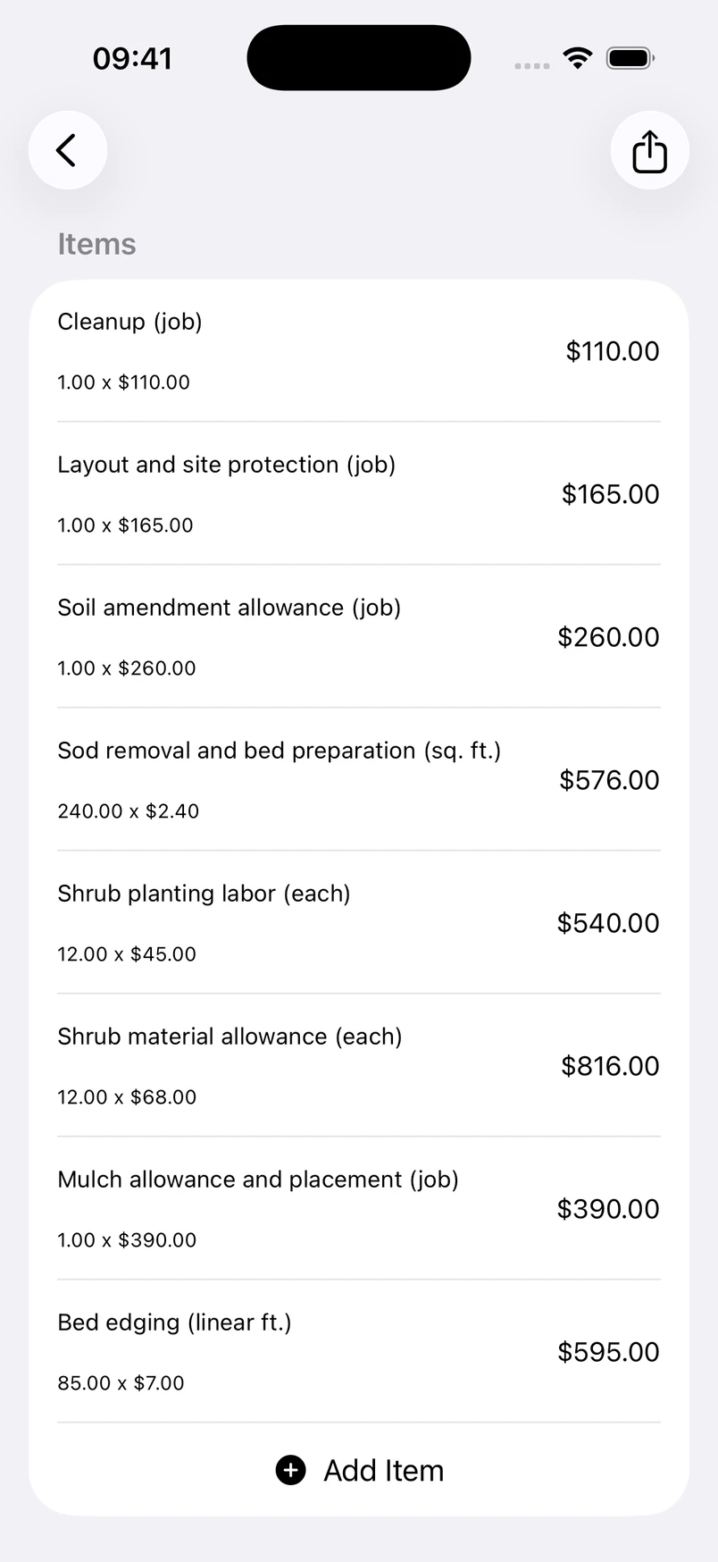 Landscape bed installation line items in the Estimates cost editor