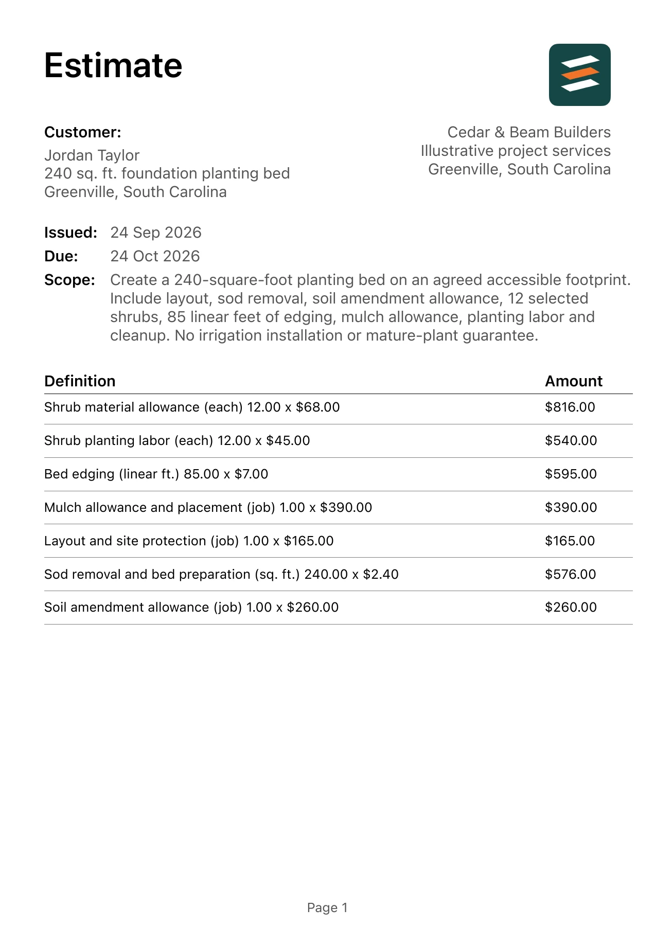 First page of the landscape bed installation estimate PDF