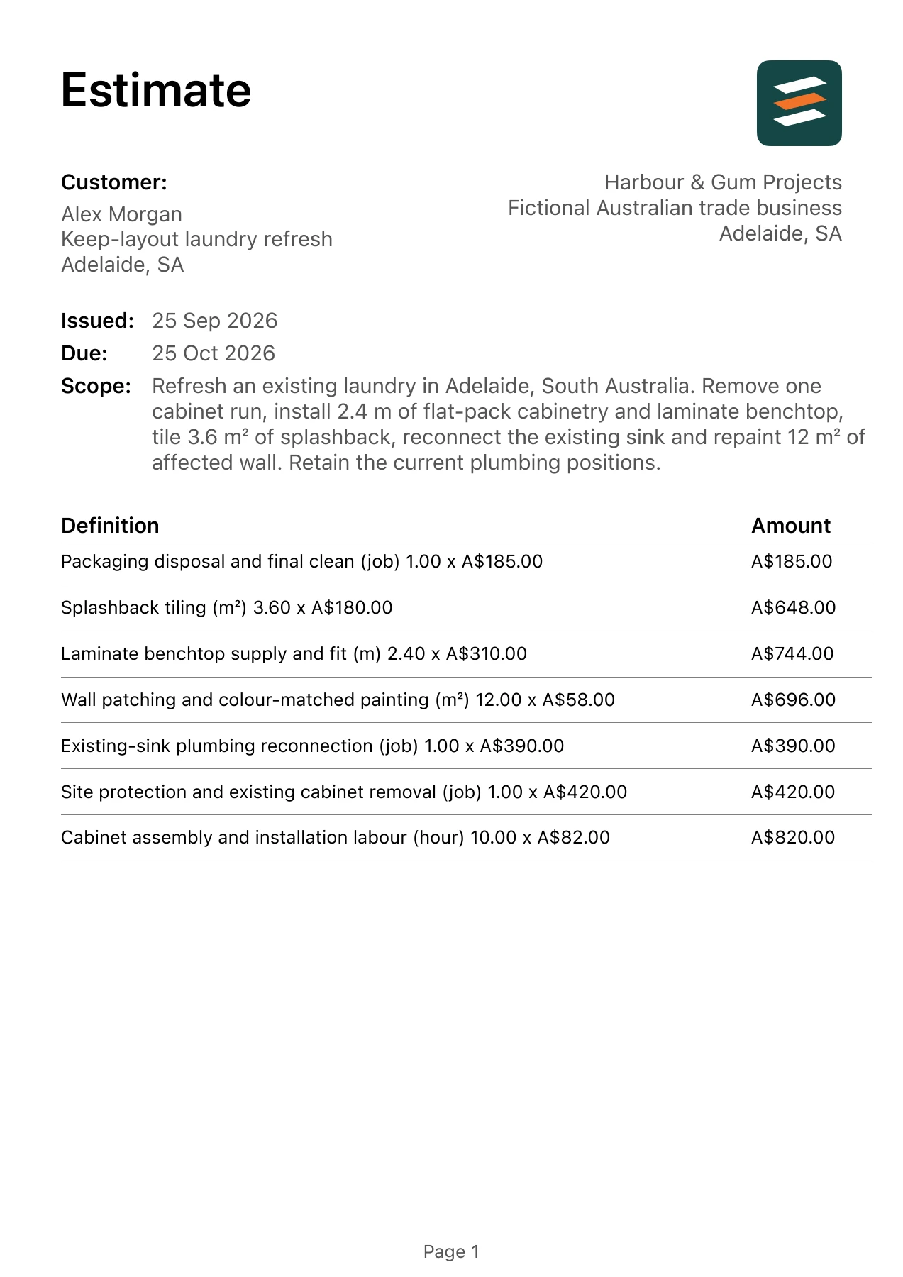 First page of the Adelaide laundry fitout quote PDF