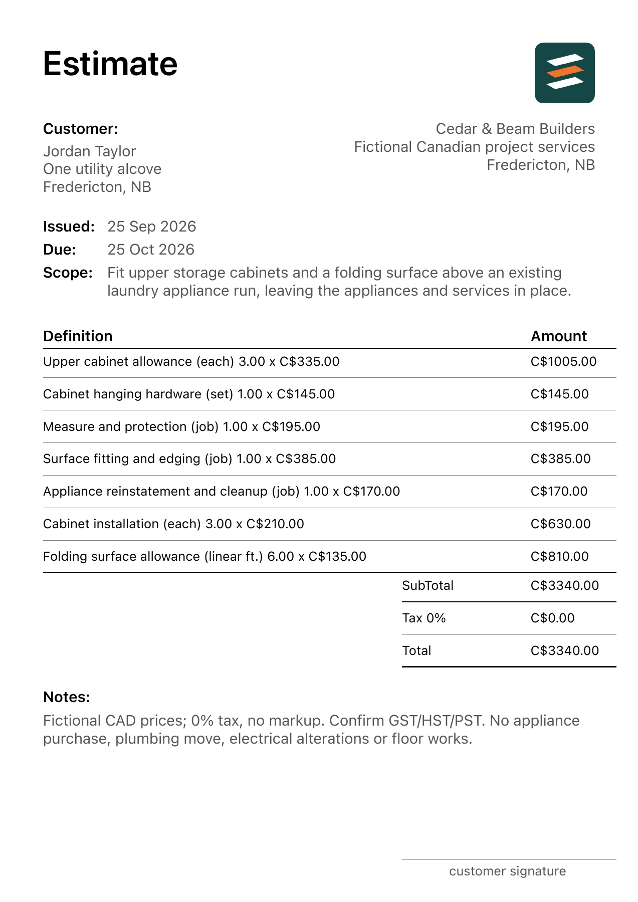 First page of the fictional Fredericton, New Brunswick laundry room storage fitout PDF estimate