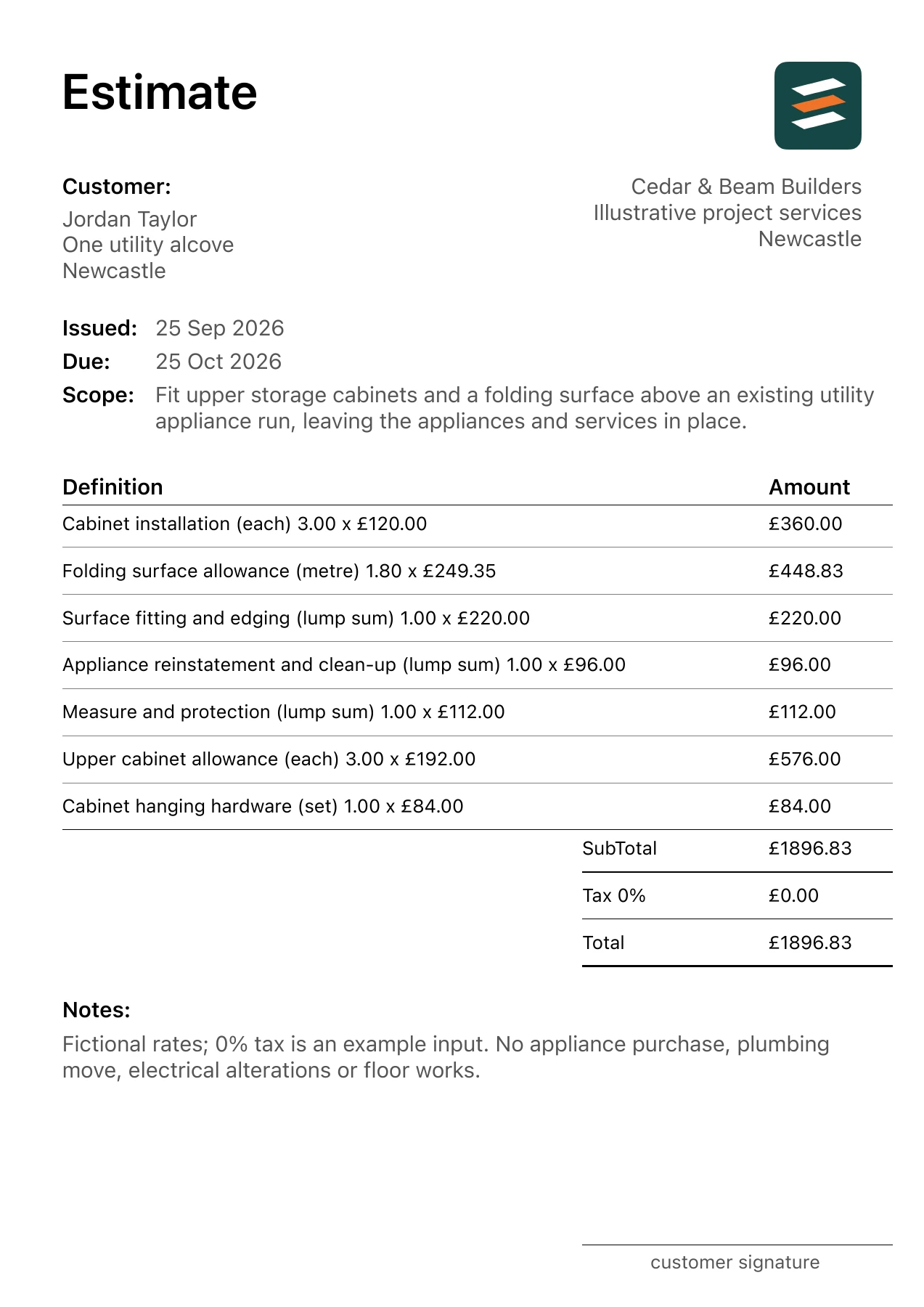 First page of the fictional utility room storage fit-out estimate PDF