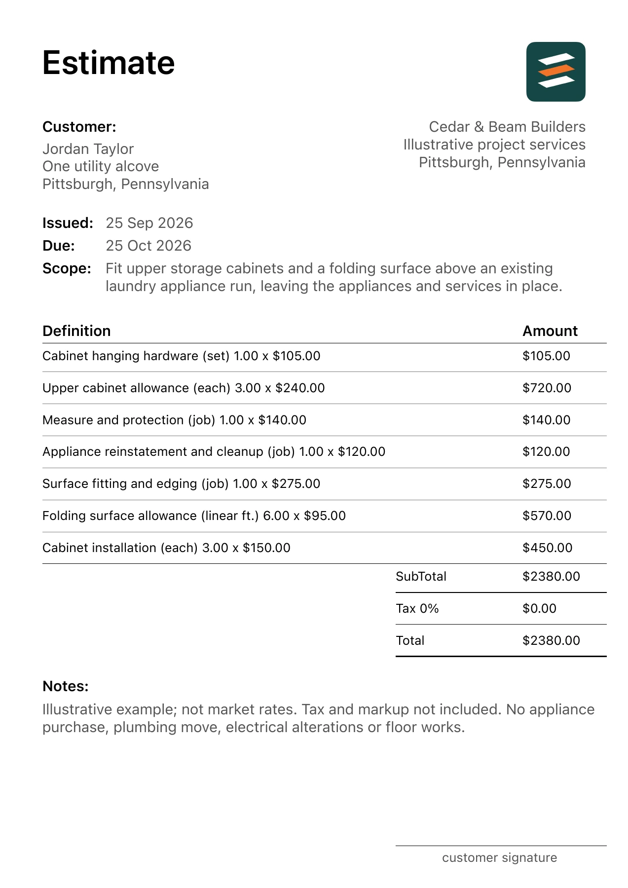 First page of the fictional laundry room storage build-out estimate PDF