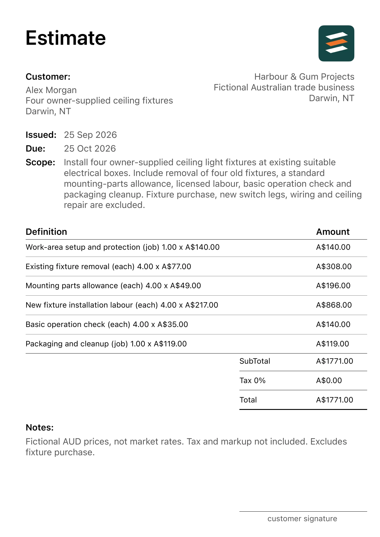 First page of the light fixture installation estimate PDF