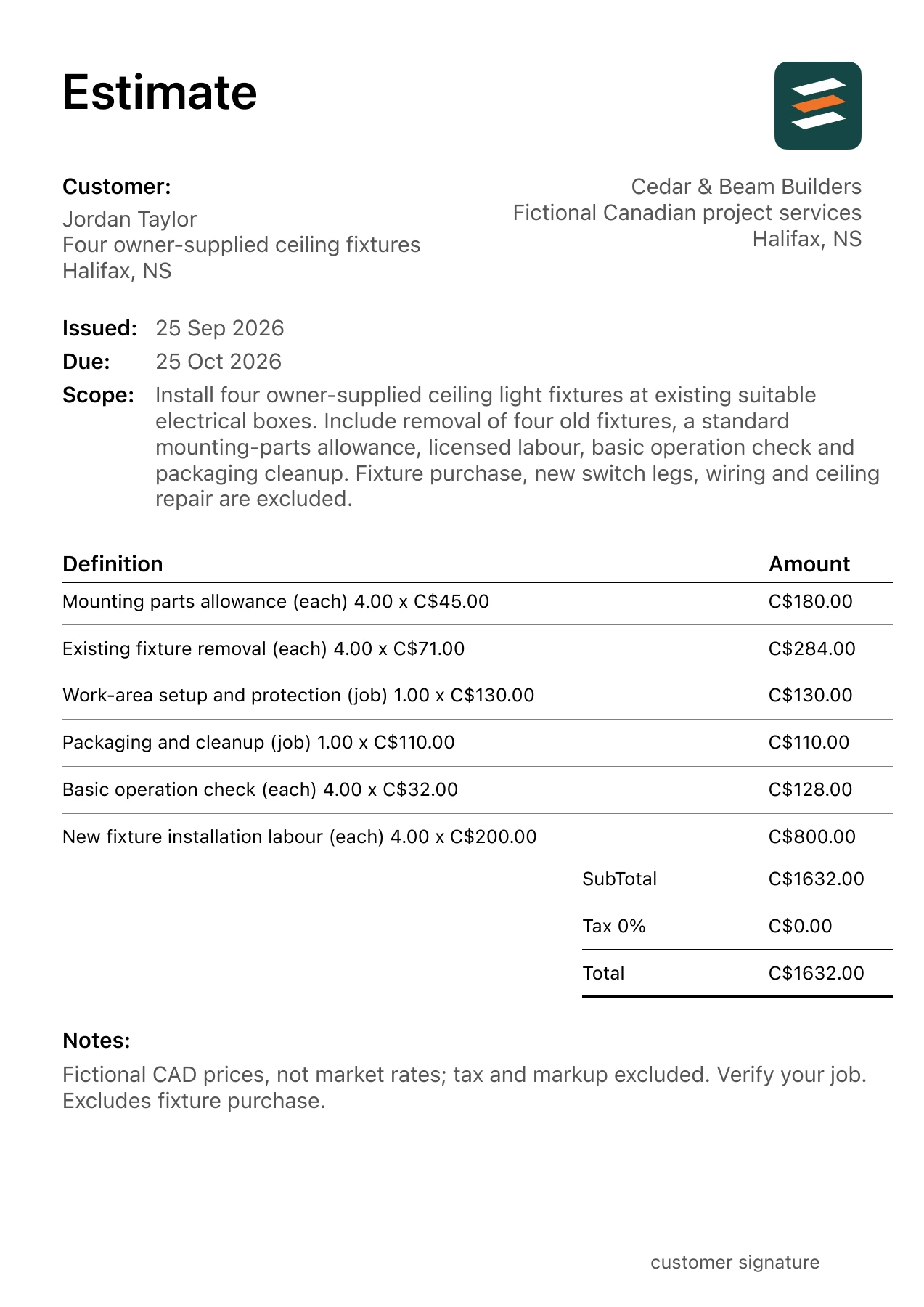 First page of the Halifax, Nova Scotia light fixture installation estimate in Canadian dollars