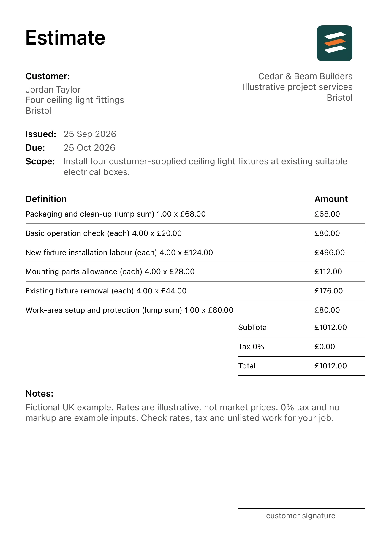 First page of the light fixture installation estimate PDF for a fictional Bristol job