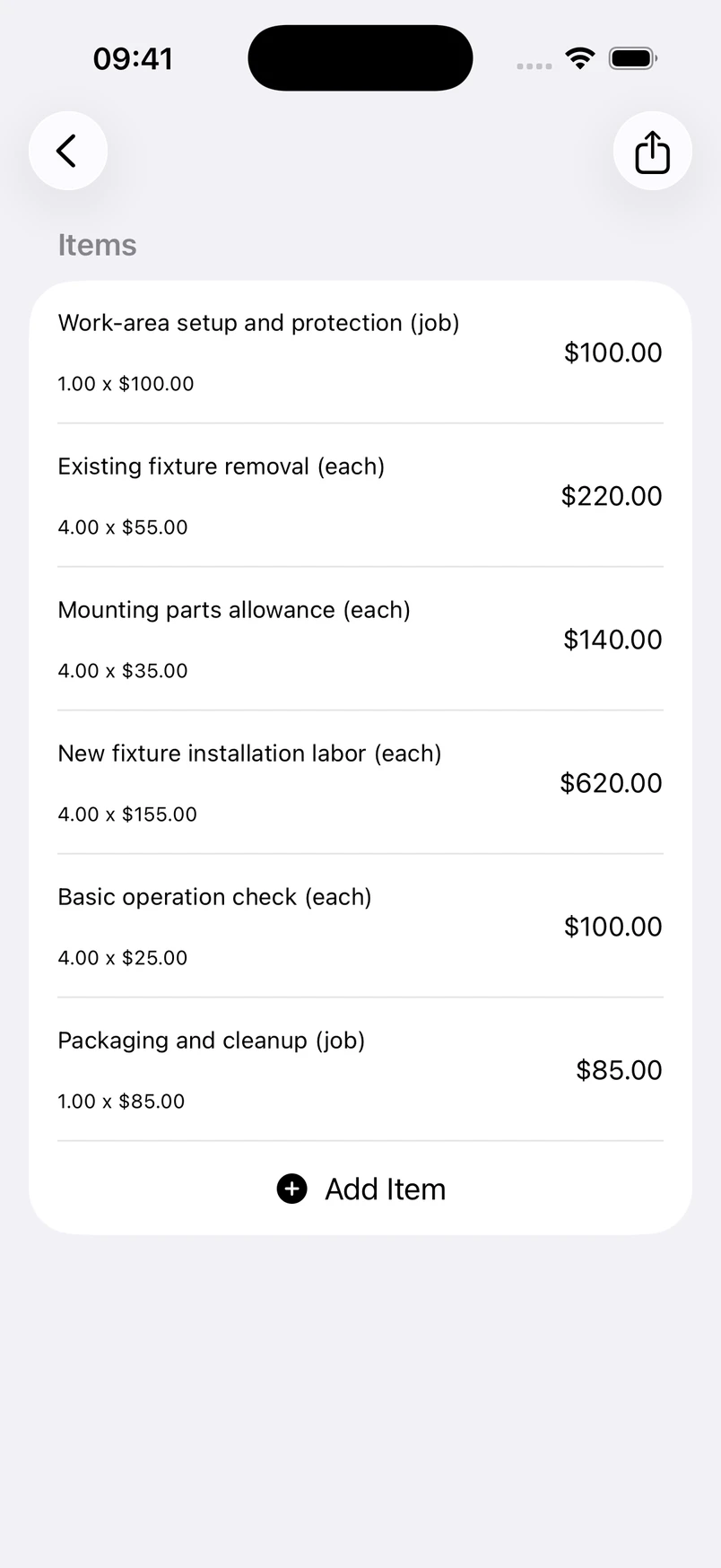 Light fixture installation line items in the Estimates cost editor
