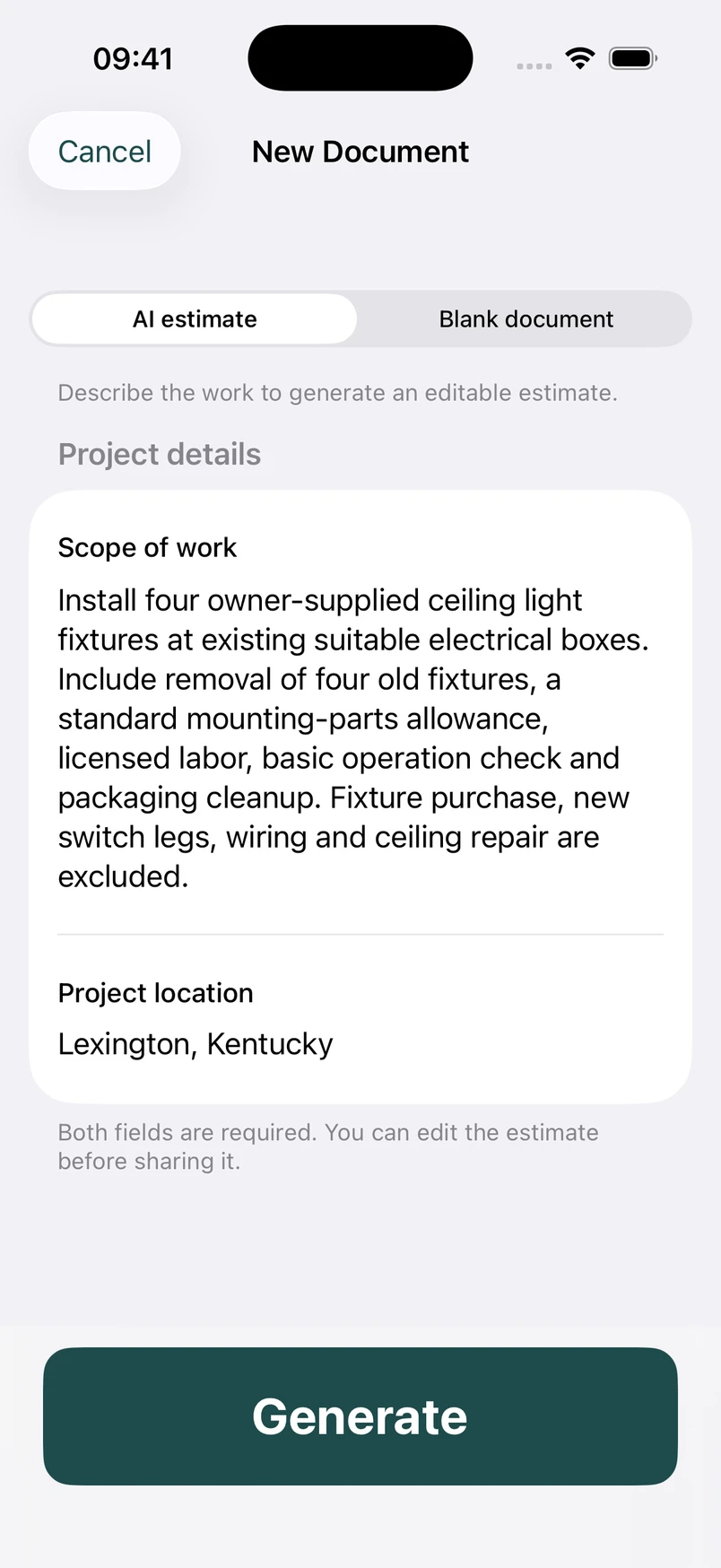 Light fixture installation scope in the New Document screen