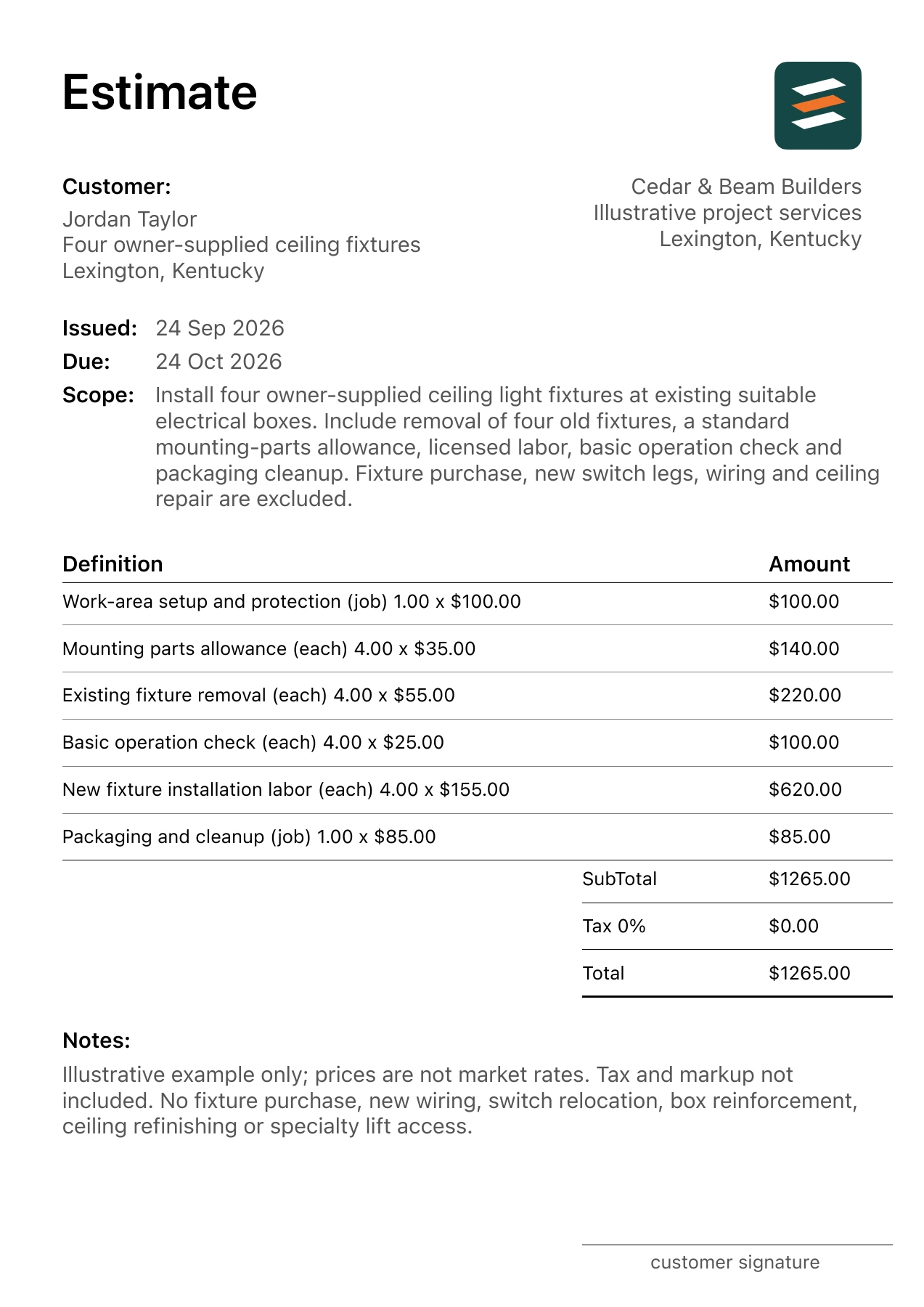 First page of the light fixture installation estimate PDF