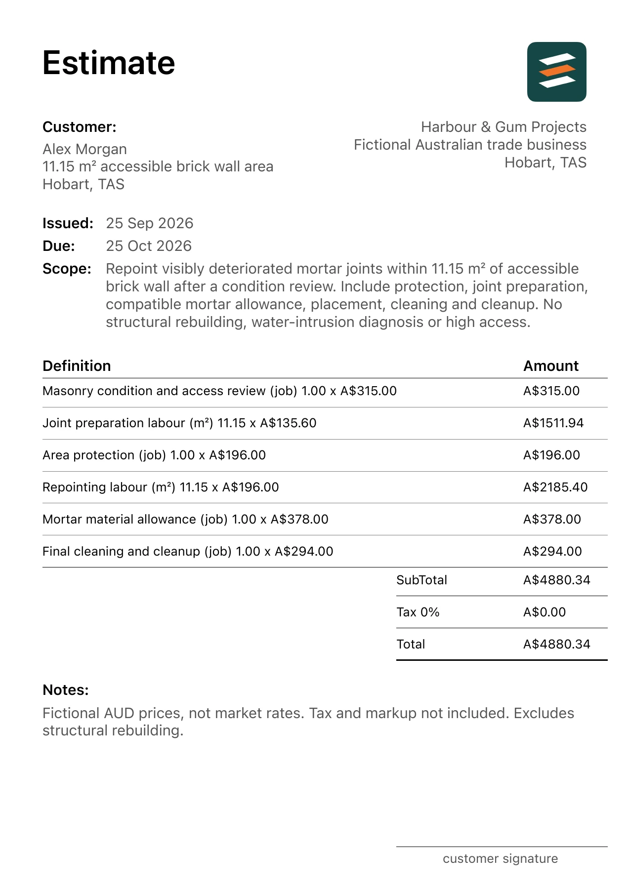 First page of the brick joint repointing estimate PDF