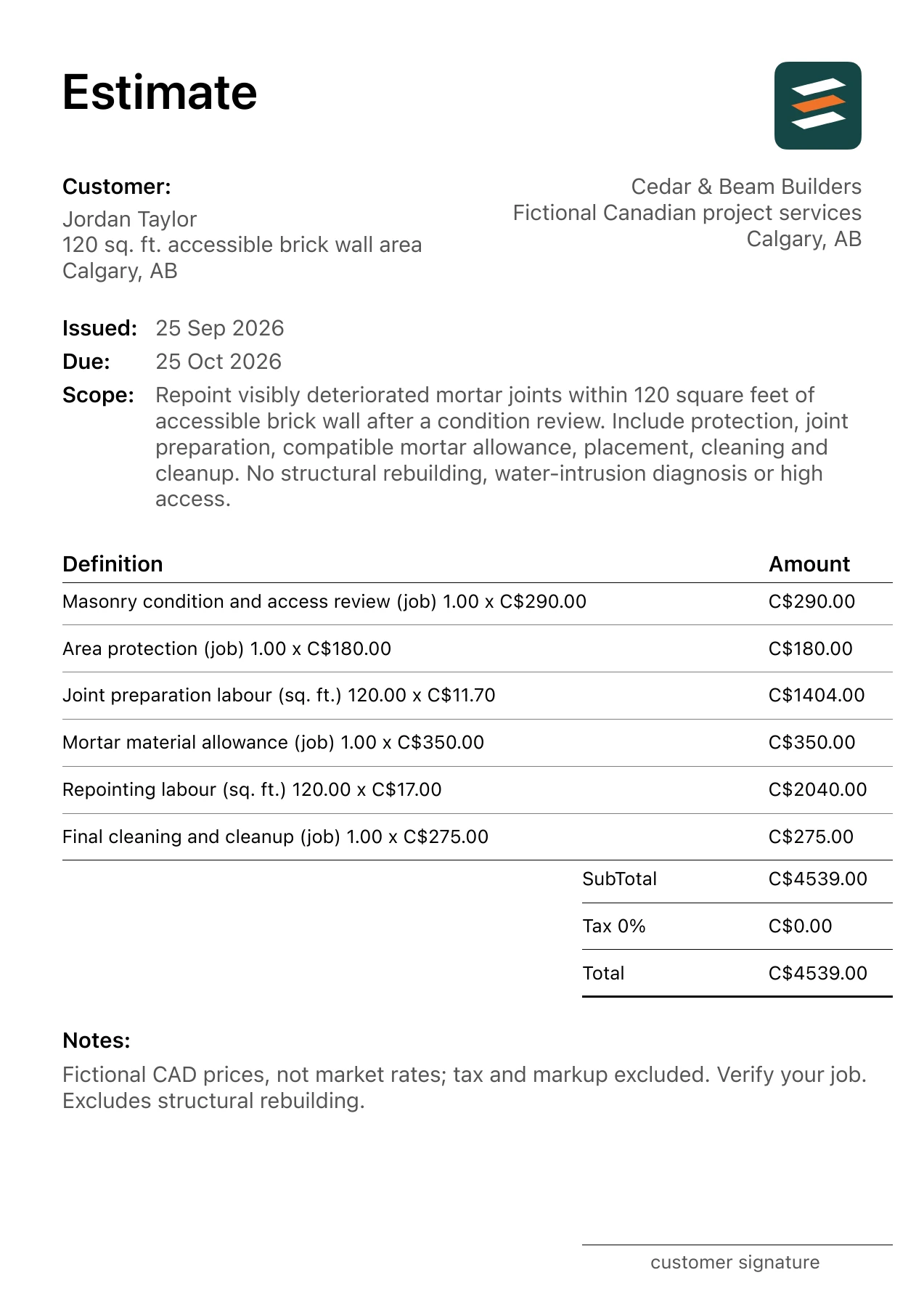 First page of the Calgary, Alberta brick joint repointing estimate in Canadian dollars
