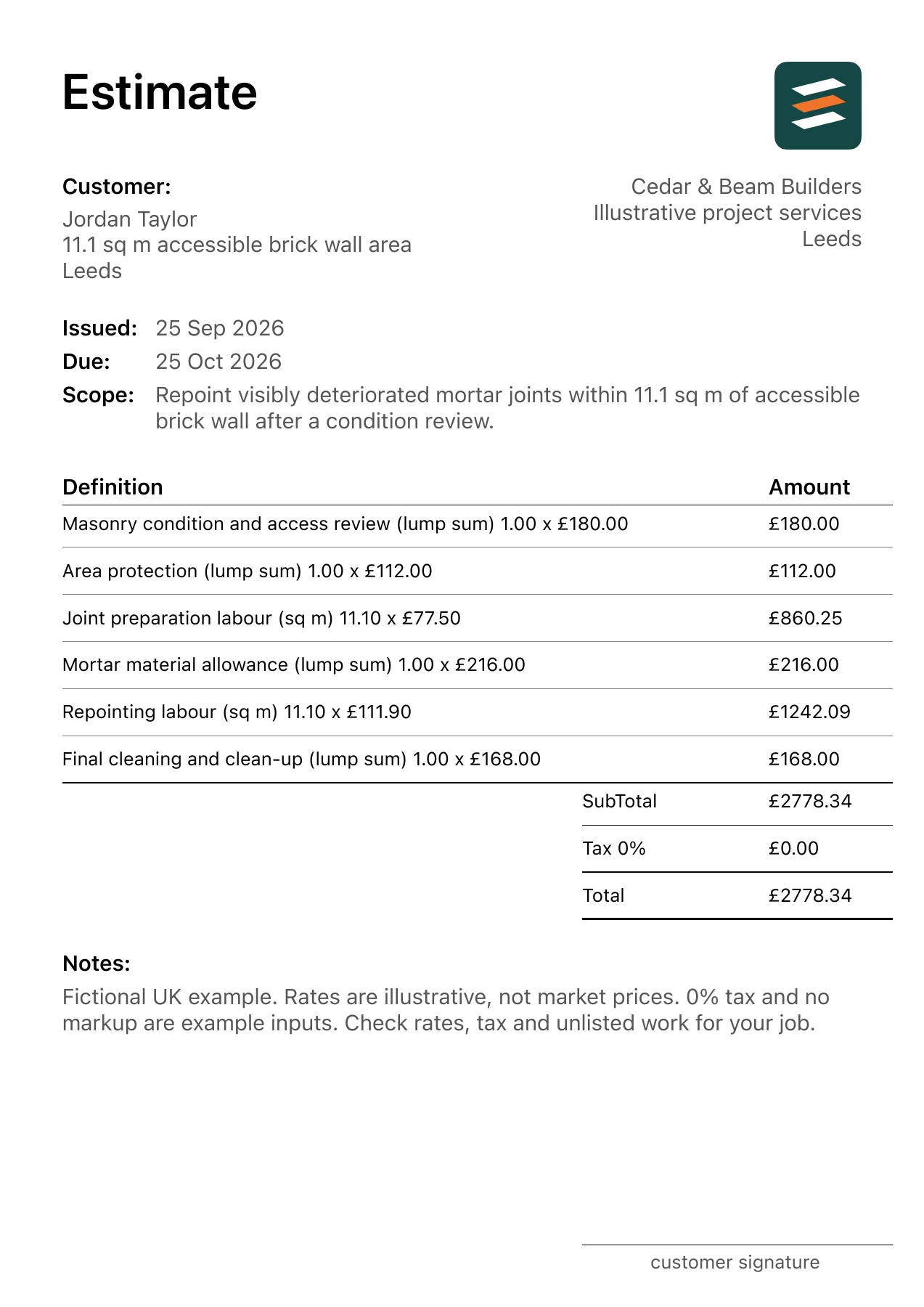 First page of the brick joint repointing estimate PDF for a fictional Leeds job