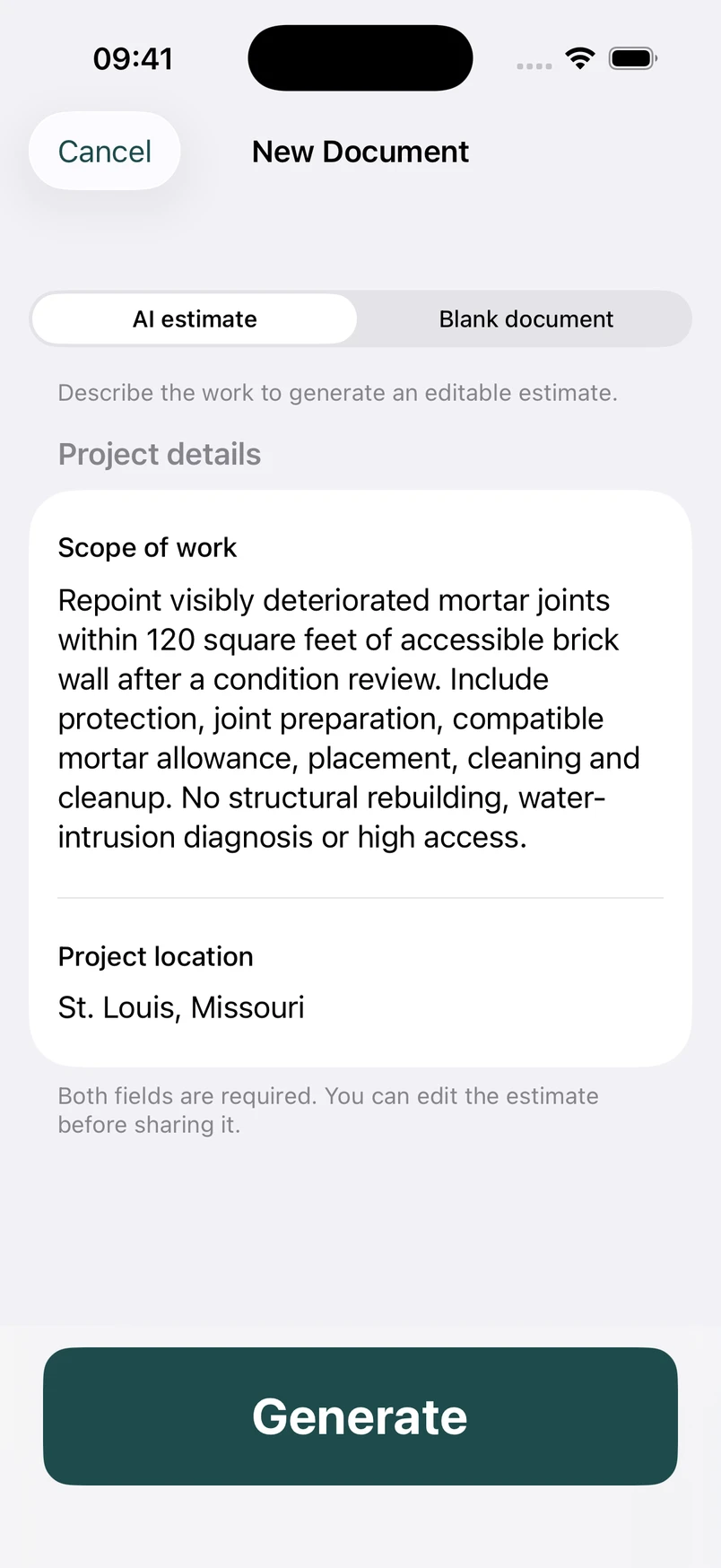 Brick joint repointing scope in the New Document screen