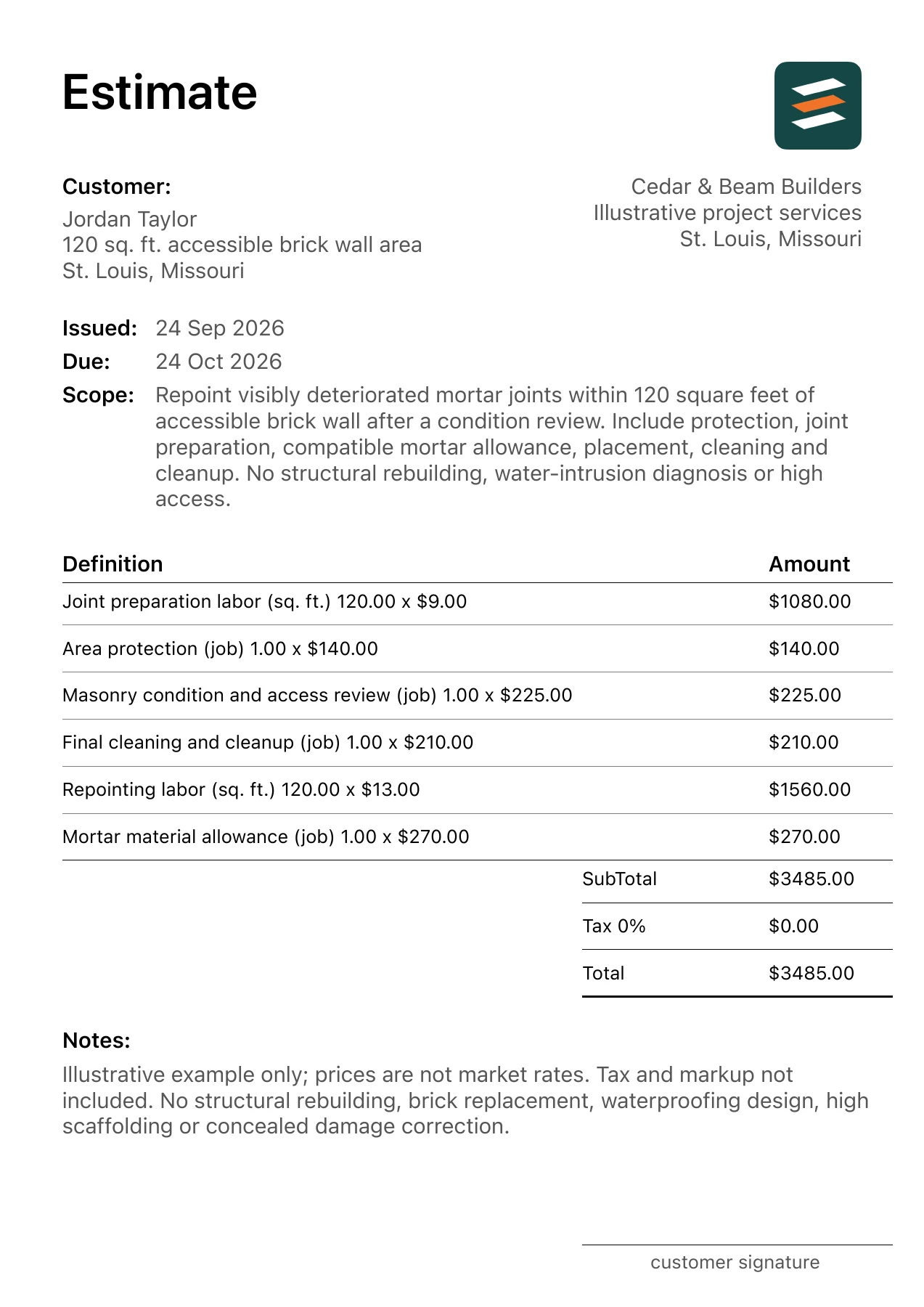 First page of the brick joint repointing estimate PDF
