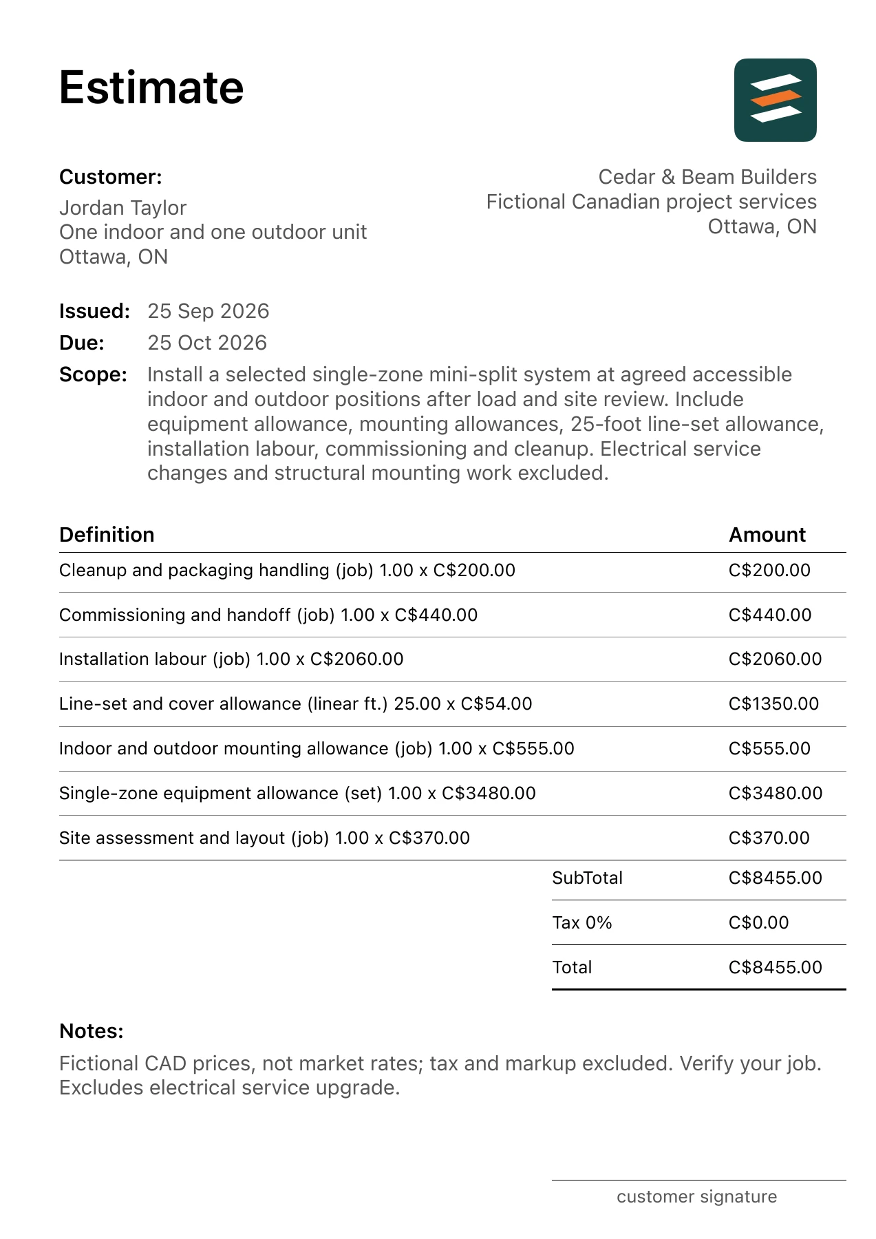 First page of the Ottawa, Ontario mini-split installation estimate in Canadian dollars