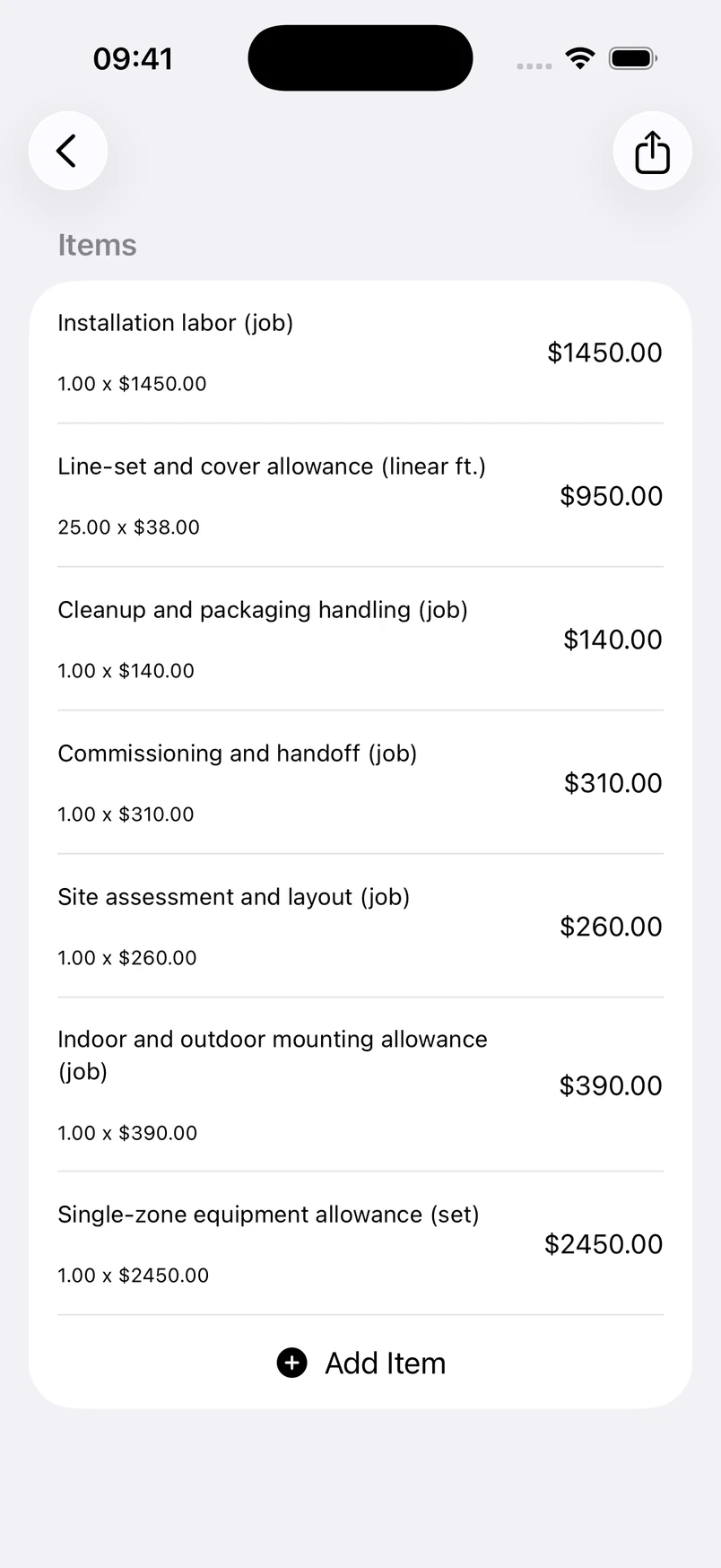 Mini-split installation line items in the Estimates cost editor