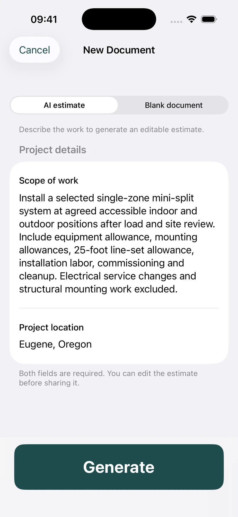 Mini-split installation scope in the New Document screen
